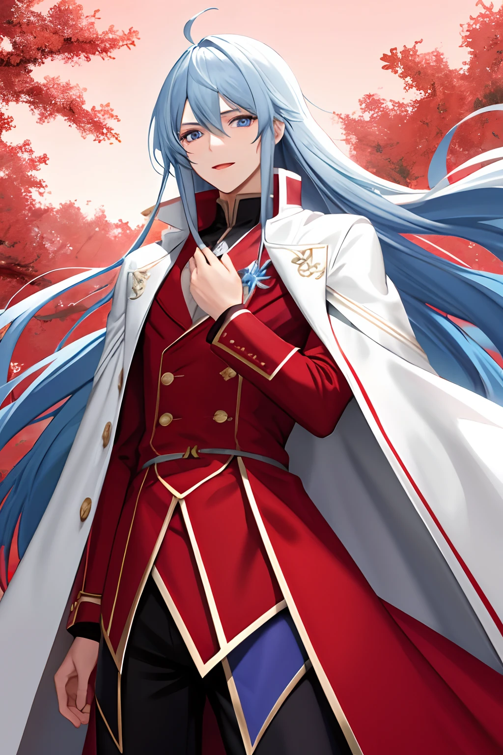 Long blue haired boy wearing a red outfit and a white overcoat over it while holding a blue eyes poké ball