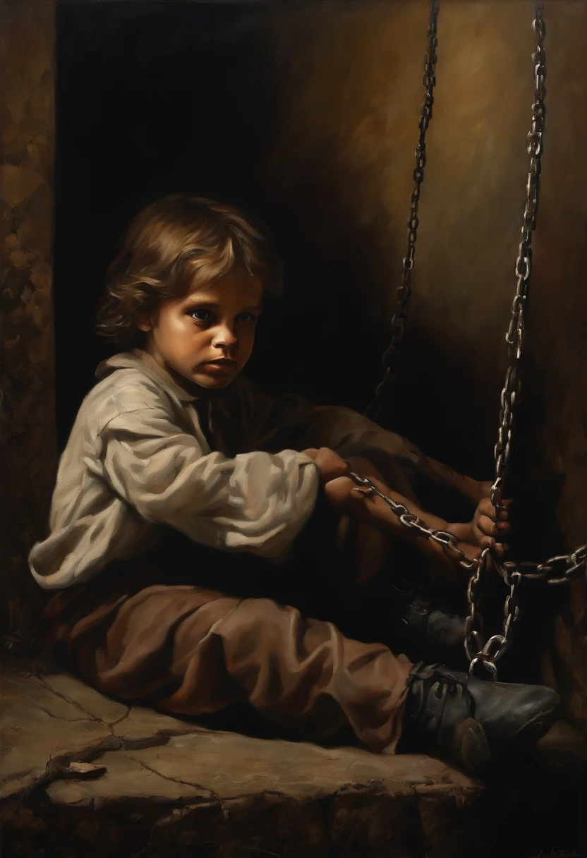 A painting that expresses adult crimes against children. It shows a child chained in a dark place, facing threatening dark hands. The painting uses dark colors to highlight horror and injustice, and its goal is to draw attention to these sensitive issues in a poignant and shocking way.