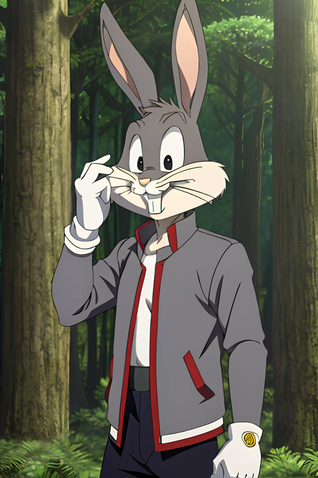 gloves, male, solo, bugs bunny, rabbit, buckteeth, forest, long ears, grey body, grey fur, white fur,furry,anime style, anime screencap, 2010s_\(style\), grin, forest, upper body, short-sleeved jacket with white lining,16k