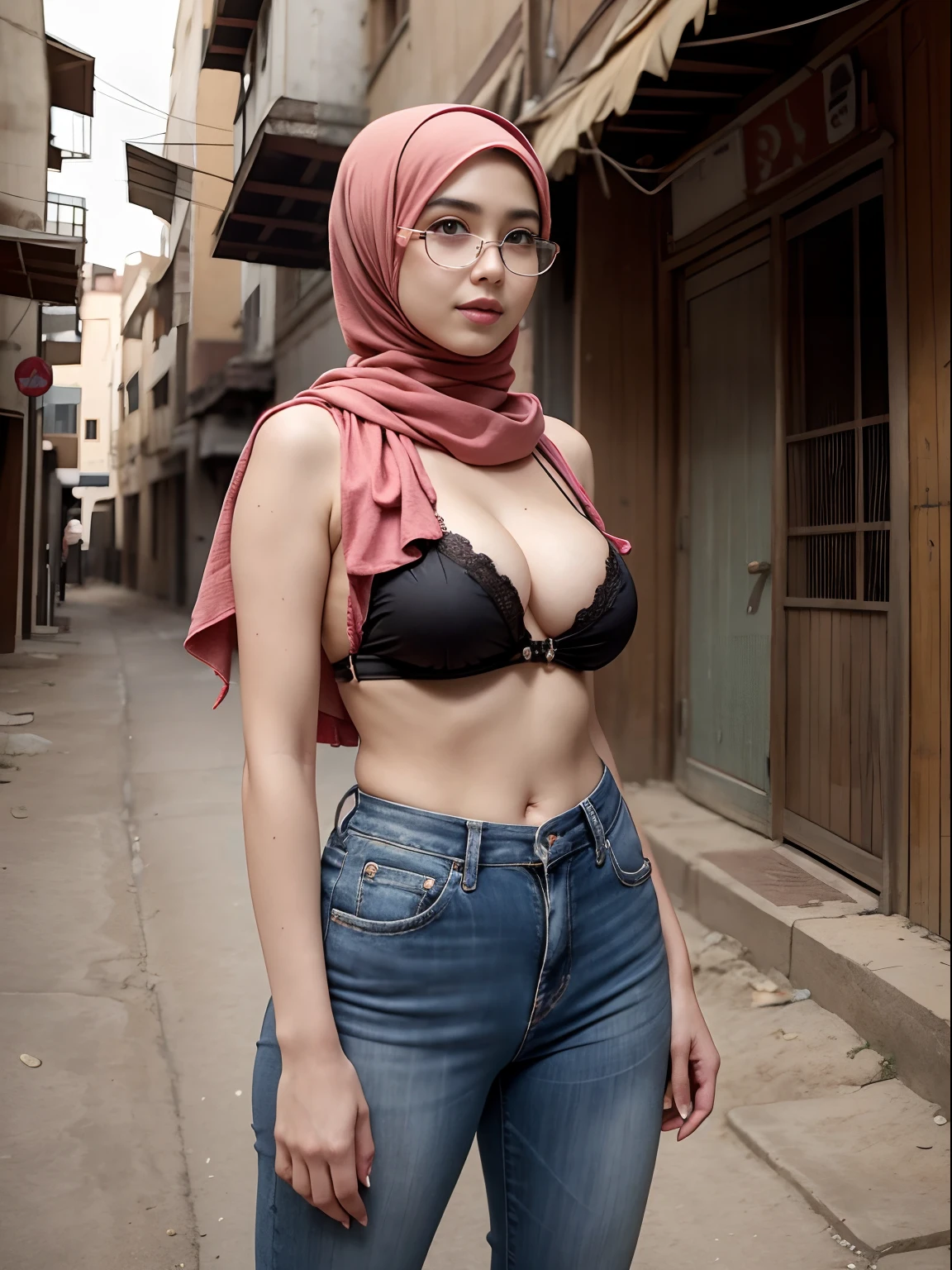 cowboy_pose,naughty, (iu:0.8),cleavage, RAW, Best quality, high resolution, Masterpiece: 1.3, Beautiful glasses sexy hijabi in deserted alley, Masterpiece, Soft smile