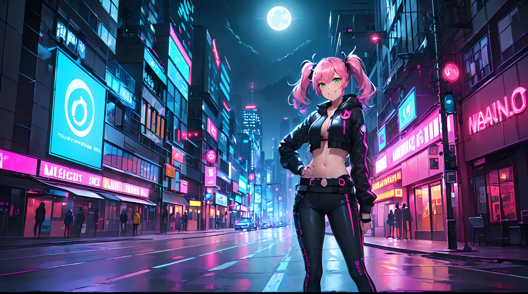 ​masterpiece, 1girl ((20year old, dressed in cyberpunk street attire, crop top exposes navel, sneakers, medium breasts, multicolor pink hair, twin ponytails, perfect model body, green eyes:1.4, flirting, happy, big smile, standing in a  futuristic city street:1.1 tall sci-fi buildings in background:1.1, moonlight:1.2, neon and energetic atmosphere:1.2)) ((nighttime)) ((solo:1.6))