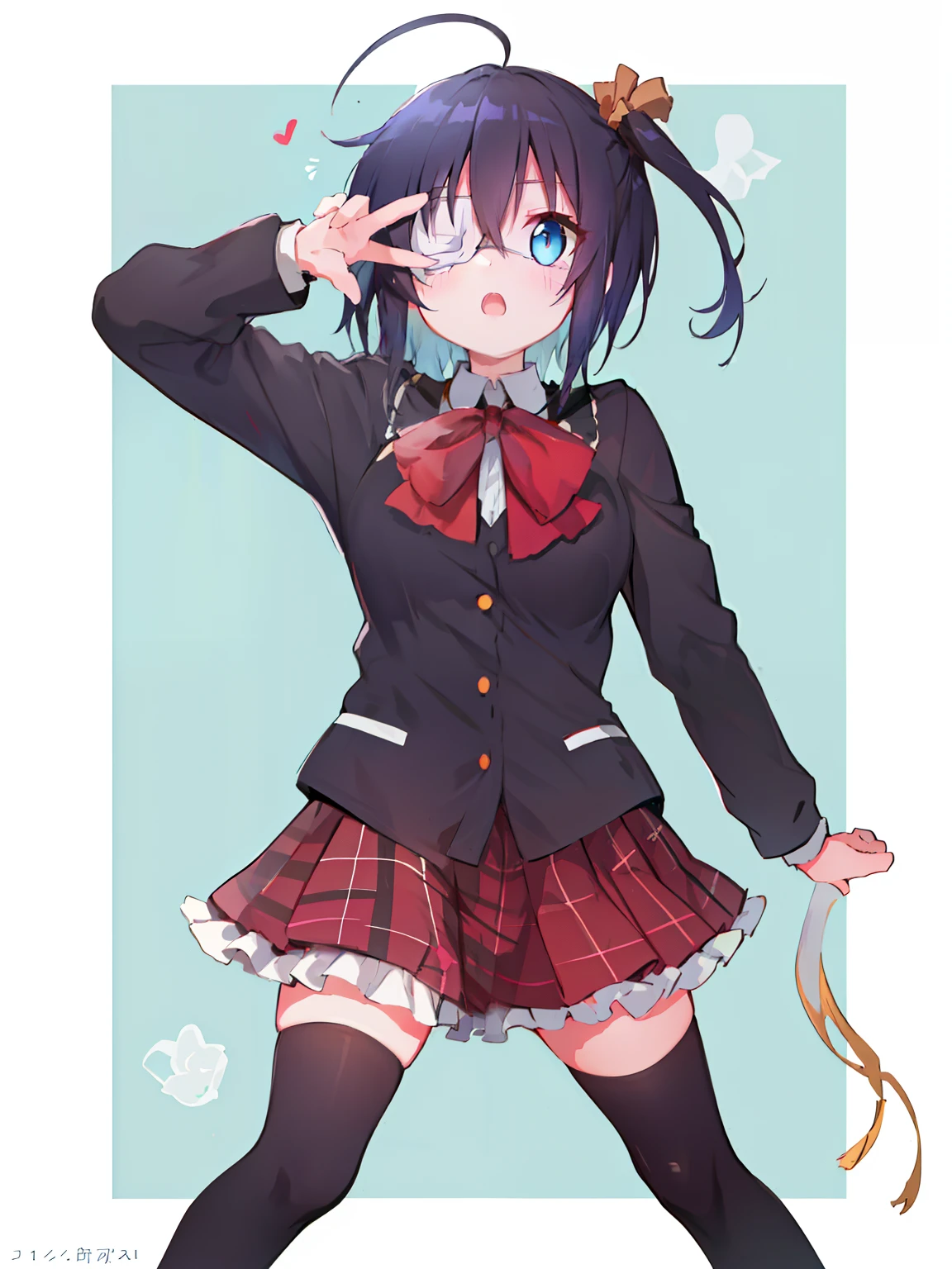 high res, masterpiece,Rikka Takanashi, black hair, solo, 1girl,outside,deatailed background, detailed eyes, ((blue eyes)), eyepatch