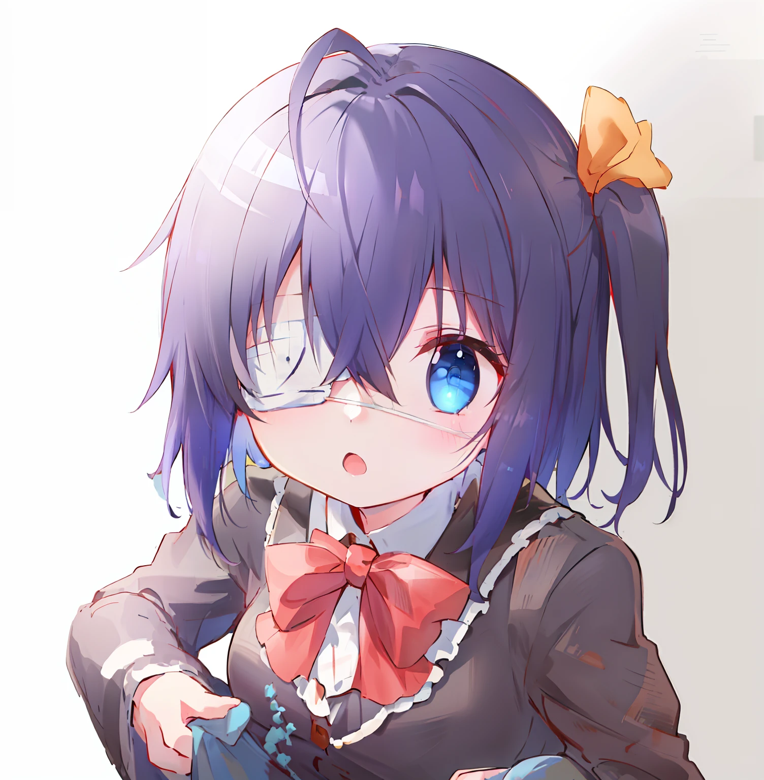 high res, masterpiece,Rikka Takanashi, black hair, solo, 1girl,outside,deatailed background, detailed eyes, ((blue eyes)), eyepatch