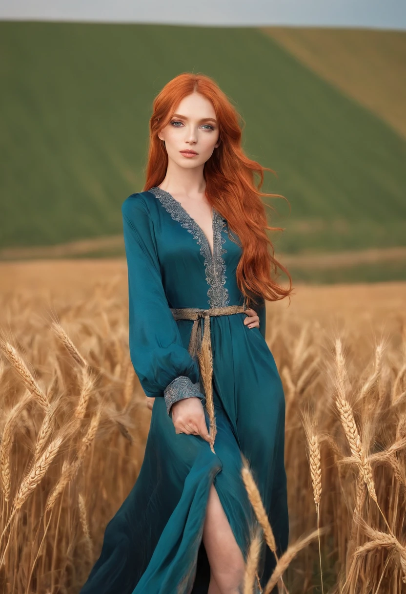 1 girl, solo, long orange hair, running, (high wheat field), turning around, emerald eyes, long blue dress, middle ages, medieval outfit, long sleeves sunset, light from behind, shadow on the figure, smile, laughter, (blue sky), against the background of wheat, standing in the distance, looking at the viewer, full-length