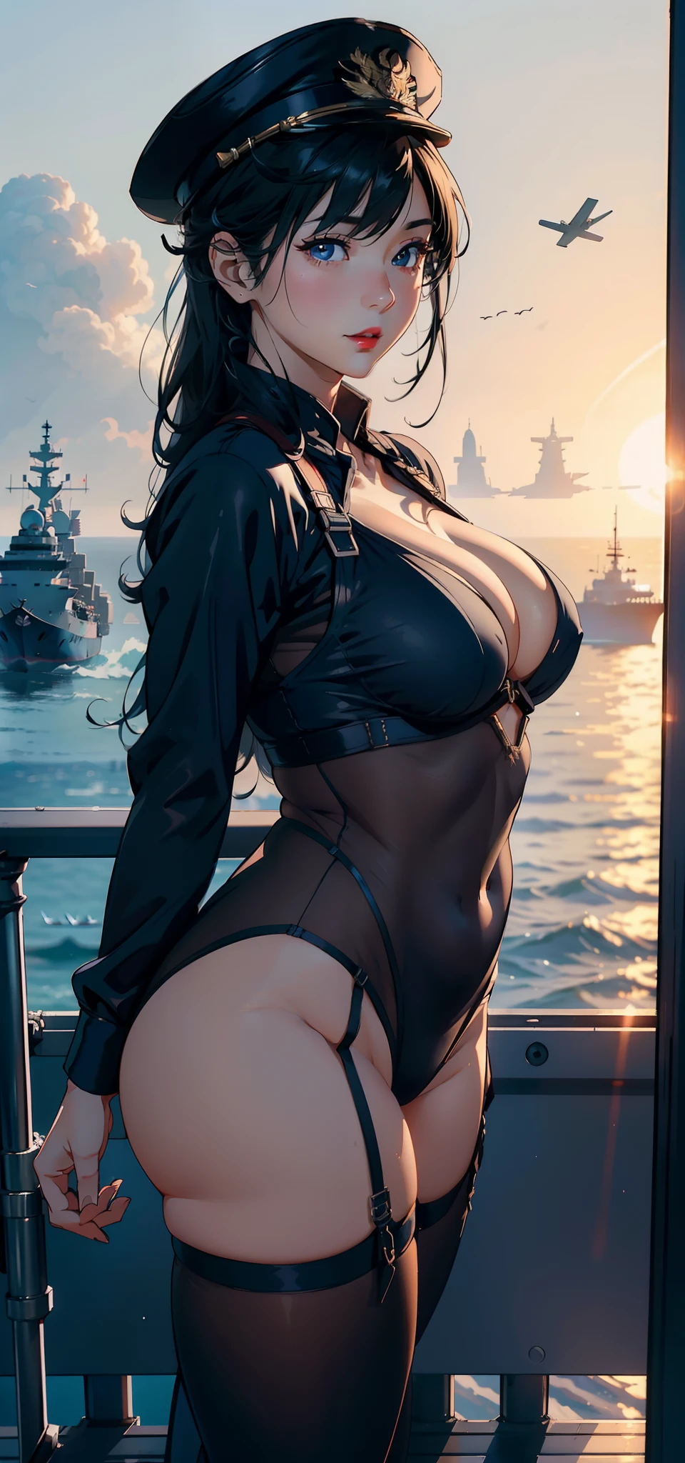 1female，45 yers old，Married Woman，熟妇，mature，plumw，extremely large bosom，Big breasts Thin waist，long leges， 独奏，（Background with：warships，choppy，the sea，Planes） She has short black hair，bobo head，，seen from the front， Standing on the deck of an aircraft carrier， mostly cloudy sky，（（（tmasterpiece），（Very detailed CG unity 8K wallpaper），best qualtiy，cinmatic lighting，detailed back ground，beatiful detailed eyes，Bright pupils，Black eyes，Snow-whiteskin，Redlip（Very fine and beautiful），（Beautiful and detailed eye description），ultra - detailed，tmasterpiece，））facing at camera，A high resolution，ultra - detailed），revealing breasts，Bare genitalia，  Bulge，legs are open，Raised sexy，Camel toes，Flushed complexion，Desire for dissatisfaction，frontage，Chinese Navy（Wearing：military hat，Blue tight-fitting transparent jumpsuit）