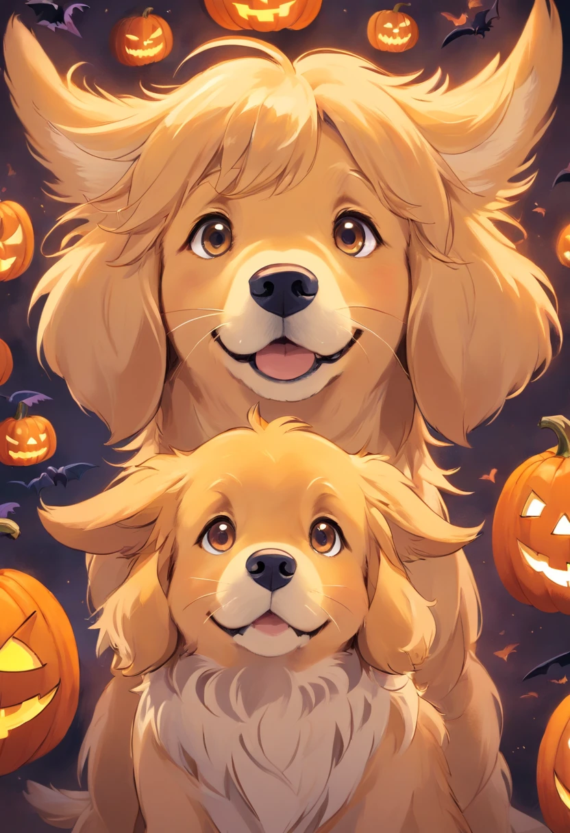 (um Golden Retriever vestindo fantasias de Halloween),oil painting,textura detalhada do pelo,Expressive eyes and facial features,fundo festivo,Playful and naughty pose,(best quality,alta resolução,circunstanciado:1.2),(Realistic,fotorrealista:1.37),paleta colorida,Pumpkin and bat decorations,Soft lighting and Warm