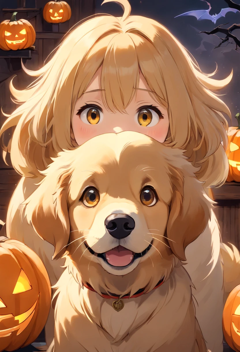 (um Golden Retriever vestindo fantasias de Halloween),oil painting,textura detalhada do pelo,Expressive eyes and facial features,fundo festivo,Playful and naughty pose,(best quality,alta resolução,circunstanciado:1.2),(Realistic,fotorrealista:1.37),paleta colorida,Pumpkin and bat decorations,Soft lighting and Warm