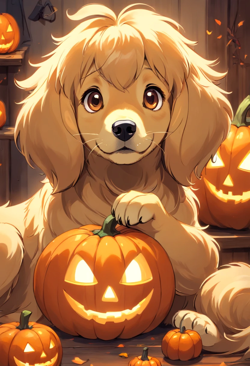 (um Golden Retriever vestindo fantasias de Halloween),oil painting,textura detalhada do pelo,Expressive eyes and facial features,fundo festivo,Playful and naughty pose,(best quality,alta resolução,circunstanciado:1.2),(Realistic,fotorrealista:1.37),paleta colorida,Pumpkin and bat decorations,Soft lighting and Warm