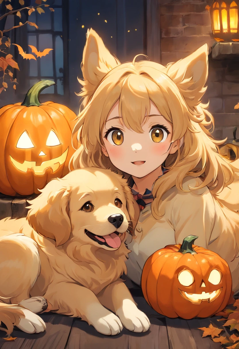 (um Golden Retriever vestindo fantasias de Halloween),oil painting,textura detalhada do pelo,Expressive eyes and facial features,fundo festivo,Playful and naughty pose,(best quality,alta resolução,circunstanciado:1.2),(Realistic,fotorrealista:1.37),paleta colorida,Pumpkin and bat decorations,Soft lighting and Warm