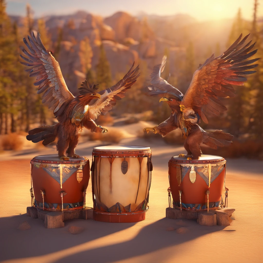 Two American Indians Playing Drum With Sunny Background And Eagle In Center