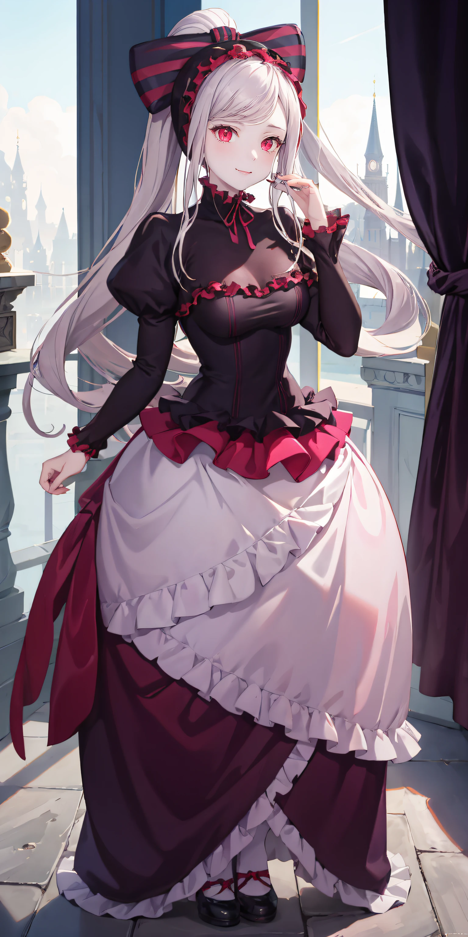 masterpiece, best quality, ShalltearV4, 1girl, solo, dress, frills, bow, hair bow, fang, slight smile, pale skin, glowing, glowing eyes, portrait