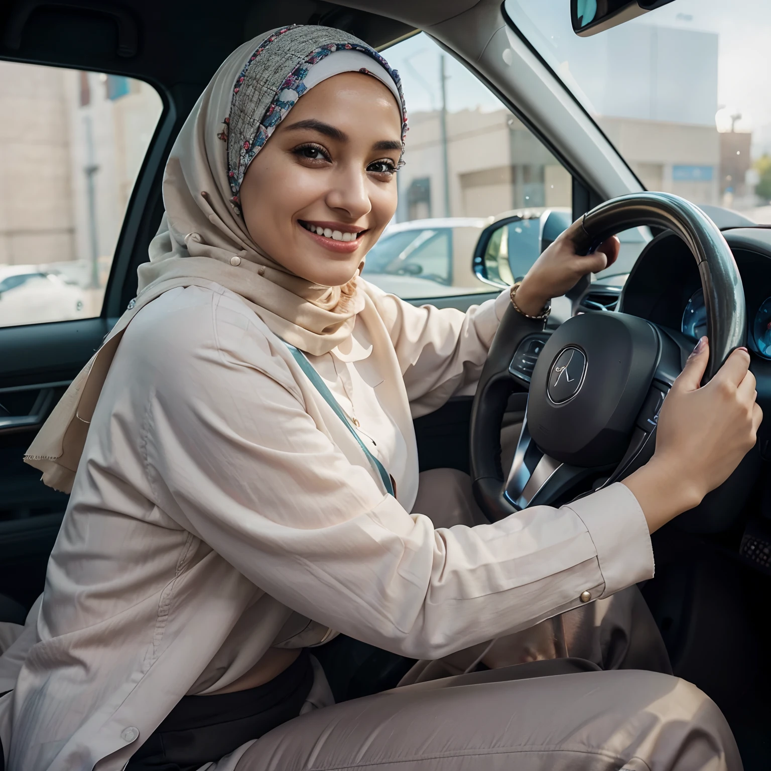 Hijab woman sitting in car with steering wheel, sitting in her car, profile picture, taken on iphone 1 3 pro, with a beautifull smile, headshot profile picture, taken in 2 0 2 0, taken on iphone 14 pro, beautiful and smiling, with a happy expression, very slightly smiling, shot on iphone 1 3 pro, driving, smiling