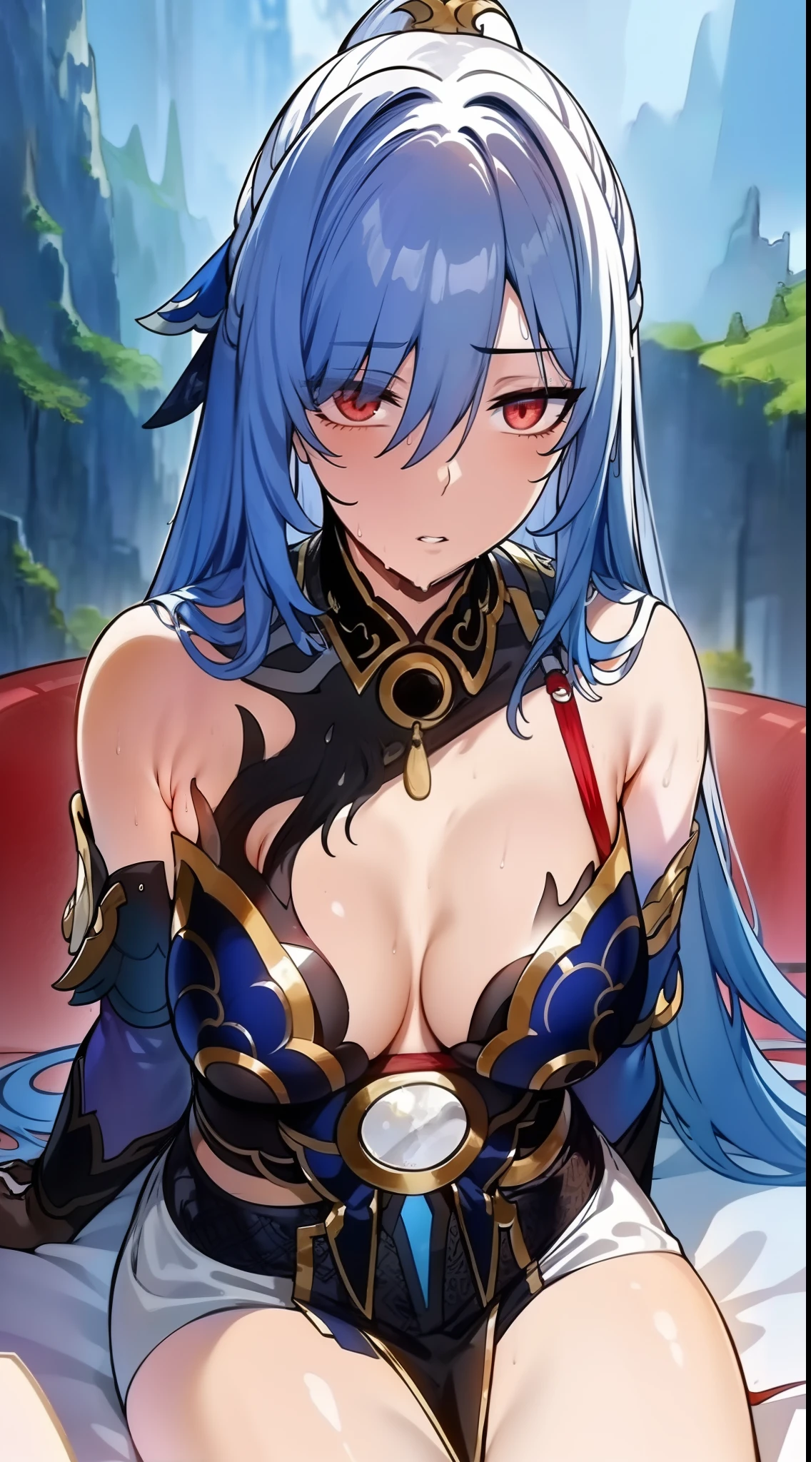 HD, beautiful lights, Beautiful Shadows, top-quality, Highly detailed, masterpiece, best quality, solo, 1girl, JingliuV5, long hair, red eyes, breasts, looking at viewer, anime-styled, expressionless, upper body, hews, wet, ((arms_up)), ((hands overhead)), sitting