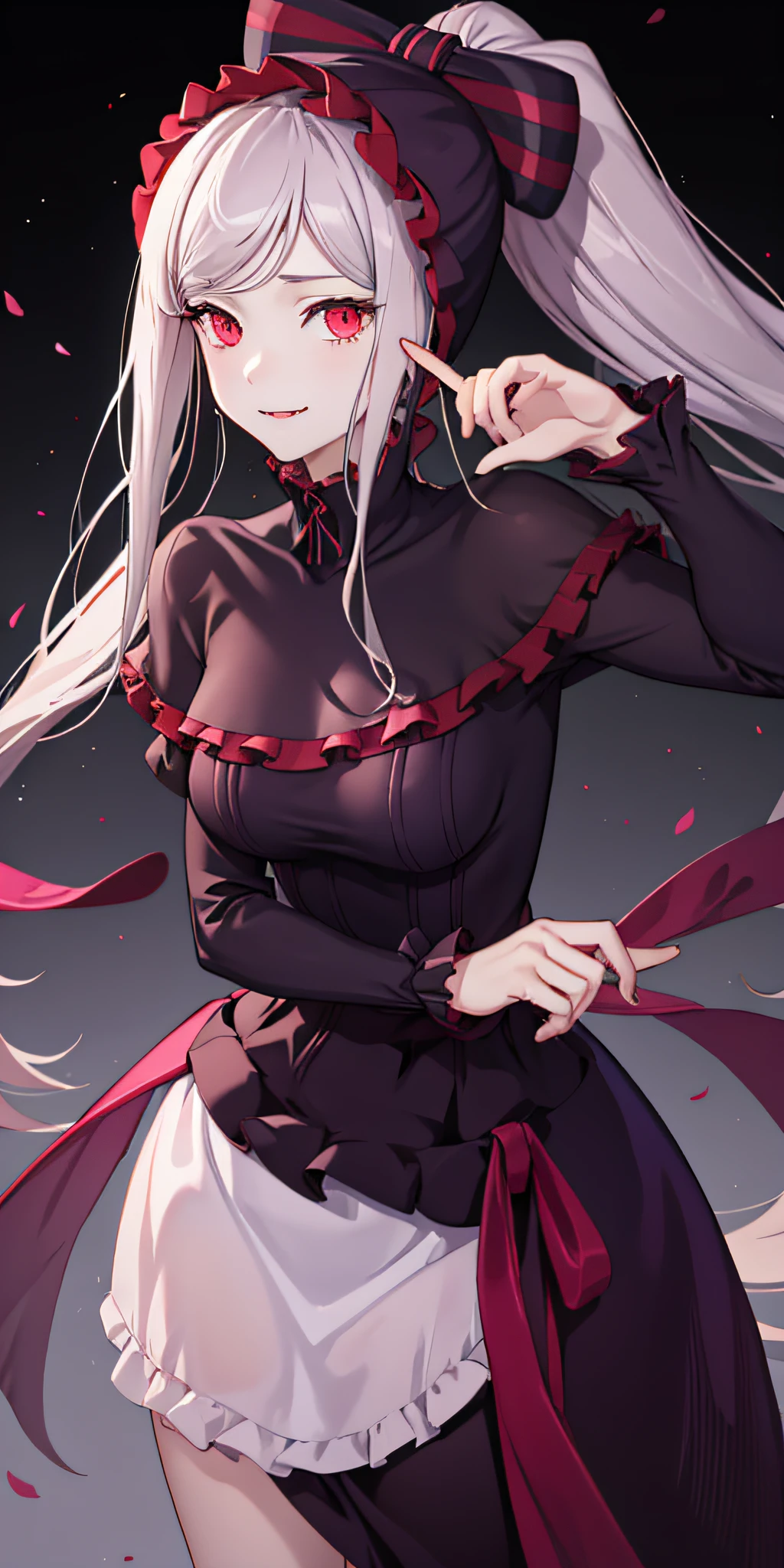 masterpiece, best quality, ShalltearV4, 1girl, solo, dress, frills, bow, hair bow, fang, slight smile, pale skin, glowing, glowing eyes, portrait