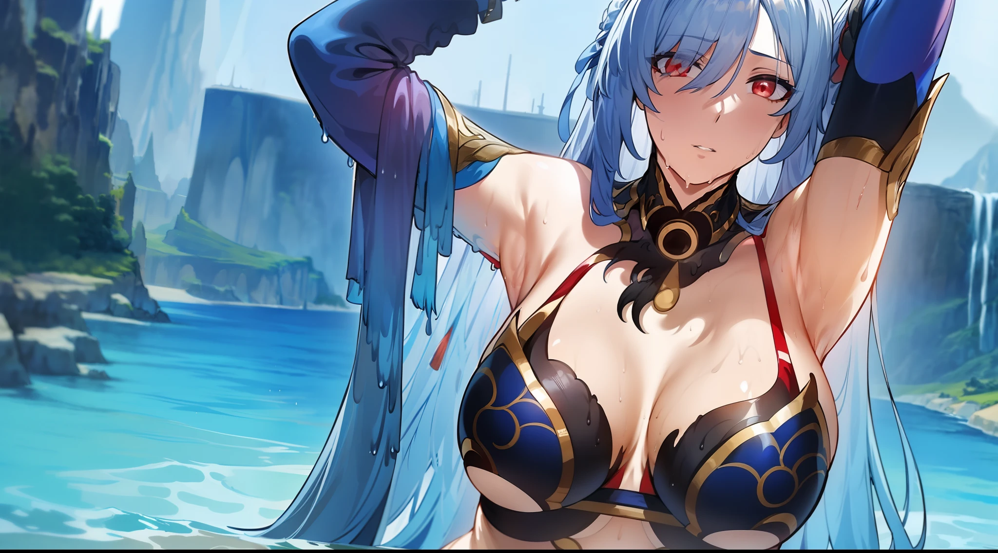 HD, beautiful lights, Beautiful Shadows, top-quality, Highly detailed, masterpiece, best quality, solo, 1girl, JingliuV5, long hair, red eyes, breasts, looking at viewer, anime-styled, expressionless, upper body, hews, standing, water, wet, ((arms_up)), ((hands overhead))