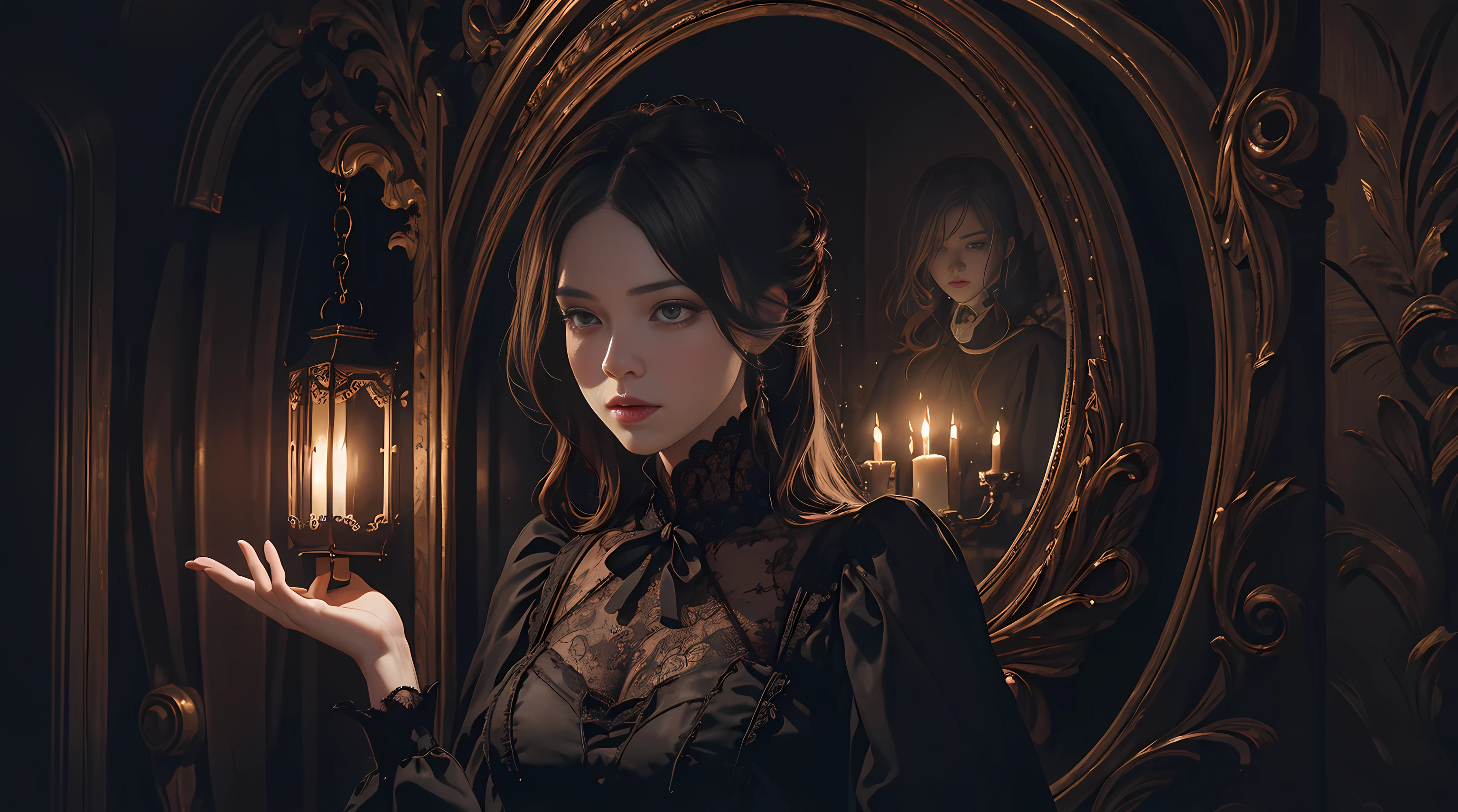Official Art, Unity 8k wallpaper, super detailed, beautiful, beautiful, masterpiece, best quality,
darkness, atmosphere, mystery, romanticism, creepy, literature, art, fashion, victorian, decoration, intricacies, ironwork, lace, contemplation, emotional depth, supernatural,
1 girl, solo, neck, bust composition