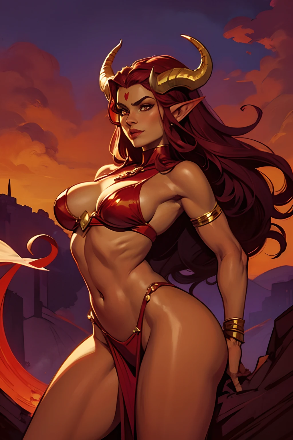 (SFW)Demon Tamer, A sensual red-skinned woman with horns on her head, heir to the throne of the nameless Dragon, muito forte e atraente, segurando um tridente, olhar arrogante, Typical villain of reincarnation novels, art direction John Buscema