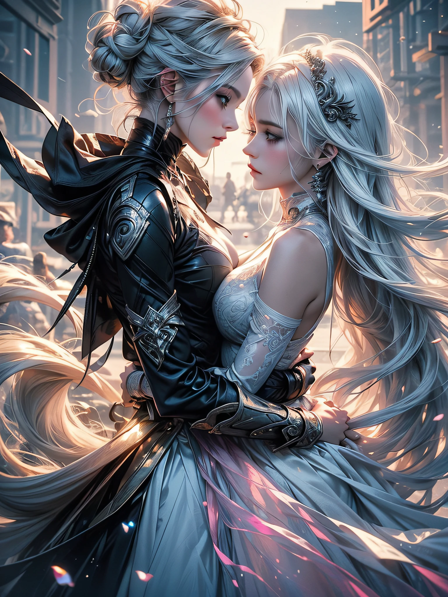 Two women in profile representing Yin Yang, One with long black hair in movement, the Other woman with white hair in movement, both have frosted light blue eyes, full pink lips, small round breasts, perfect body, full body, translucent clothes, scenery mistico, {extremely detailed 8k CG unit wallpaper}, expansive landscape photography, (a low view focusing on the character and setting), (wide open field view), (low angle shot), ( high light: 1.8), (low light: 1.2), (warm light source: 1.5), complex details, (iridescent colors: 1.6), (bright lighting), (atmospheric lighting), dreamy, magical