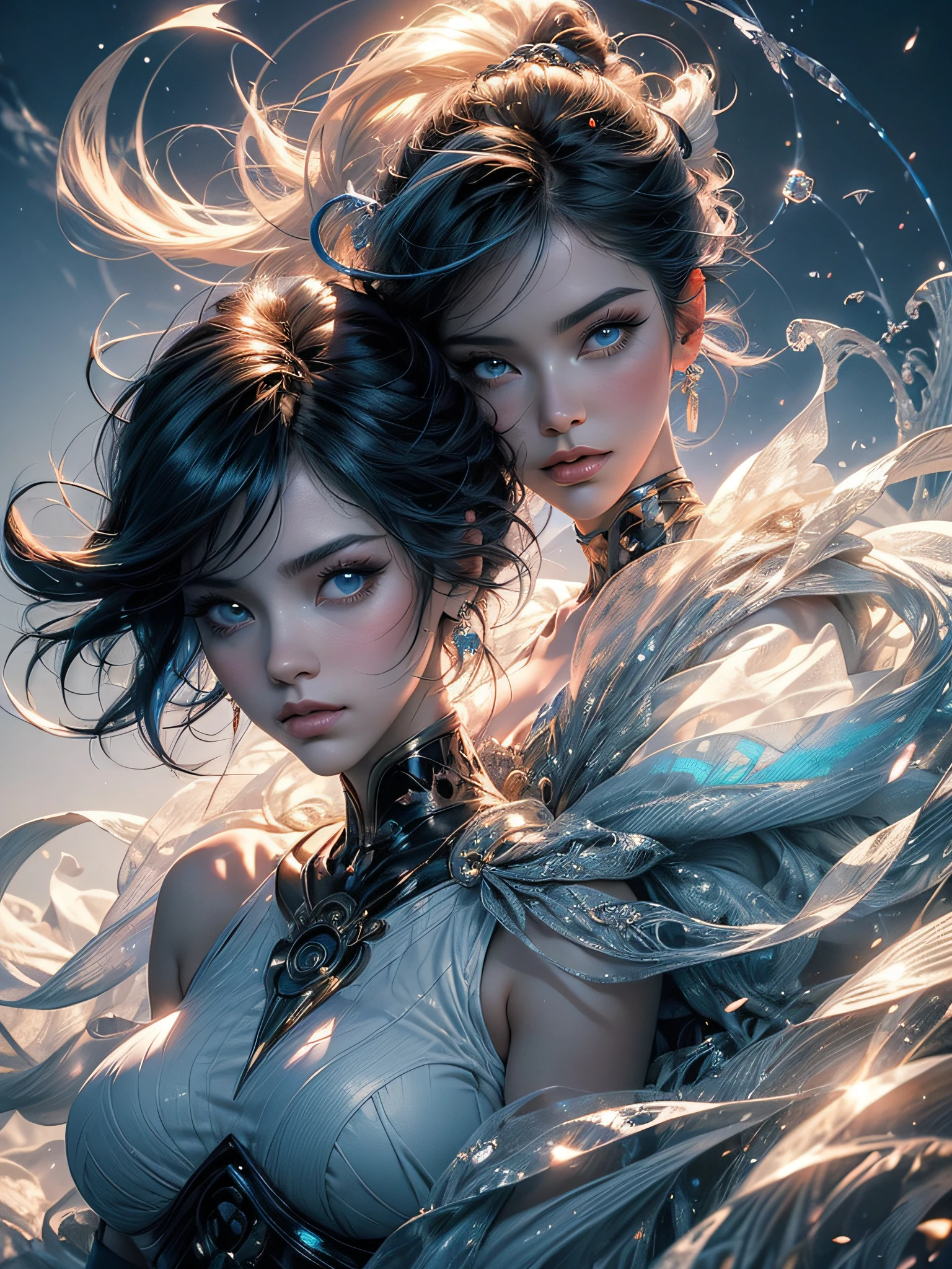 Two women in profile representing Yin Yang, One with long black hair in movement, the Other woman with white hair in movement, both have frosted light blue eyes, full pink lips, small round breasts, perfect body, full body, translucent clothes, scenery mistico, {extremely detailed 8k CG unit wallpaper}, expansive landscape photography, (a low view focusing on the character and setting), (wide open field view), (low angle shot), ( high light: 1.8), (low light: 1.2), (warm light source: 1.5), complex details, (iridescent colors: 1.6), (bright lighting), (atmospheric lighting), dreamy, magical