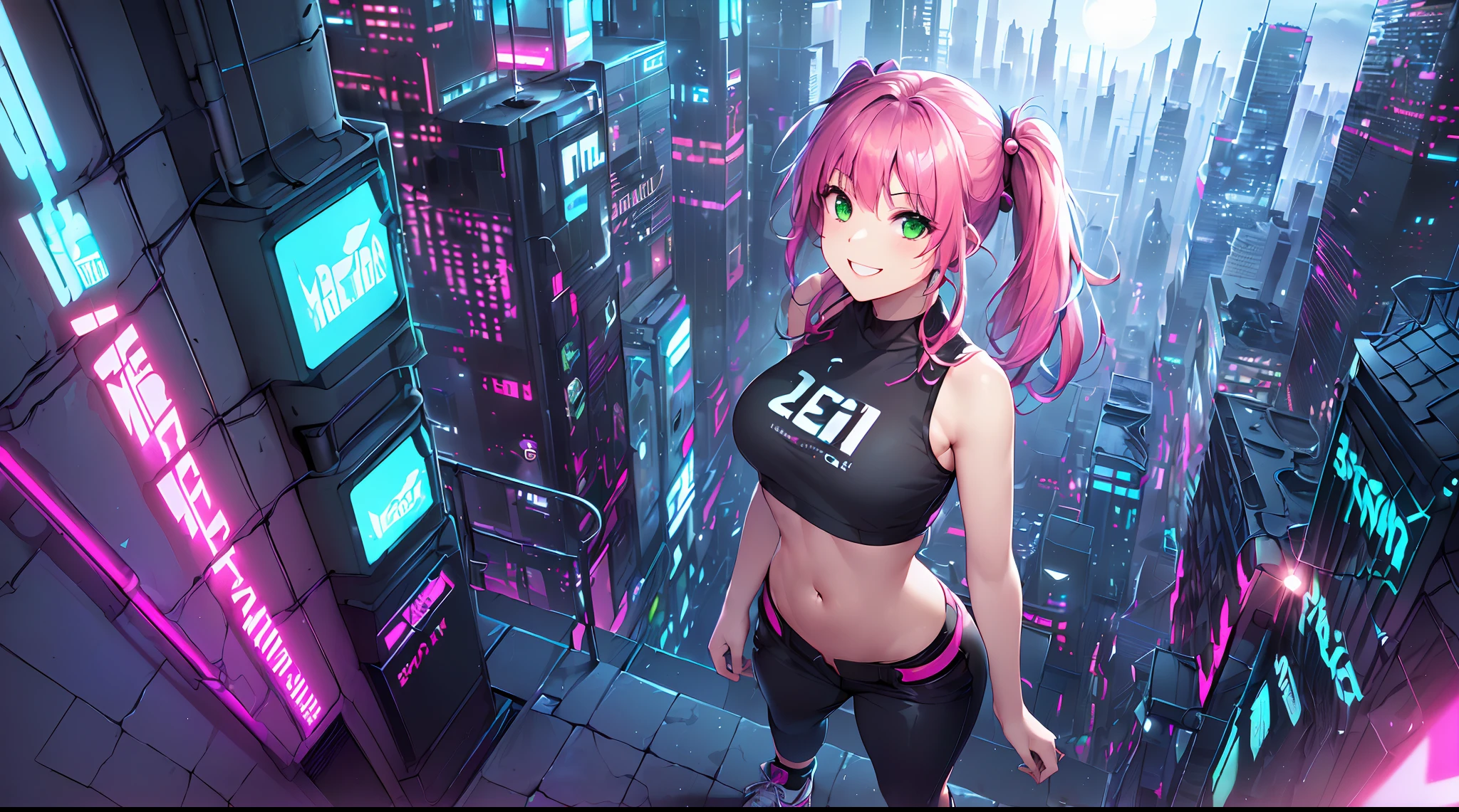 masterpiece, 1girl ((20year old, dressed in cyberpunk street attire, crop top exposes navel, sneakers, medium breasts, multicolor pink hair, twin ponytails, perfect model body, green eyes:1.4, flirting, happy, big smile, looking up, standing in a futuristic city street:1.1 tall sci-fi buildings in background:1.1, moonlight:1.2, neon and energetic atmosphere:1.2)) ((nighttime)) ((solo:1.6)) ((wide camera angle, top view))