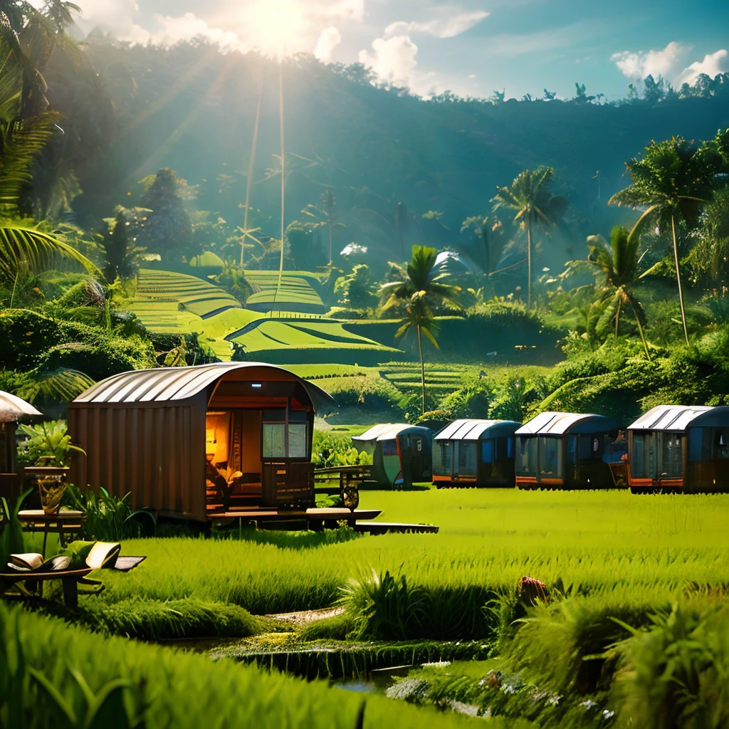 Glamping camping ground hosted in shipping containers in the lush paradise of Bali rice field with near water features and plants everywhere, extreme plus resolution fantasy concept art, intricate details to everything visible, sharp lighting, dramatic light by denis villeneuve, strong emphasis on alphonse mucha, makoto shinkai