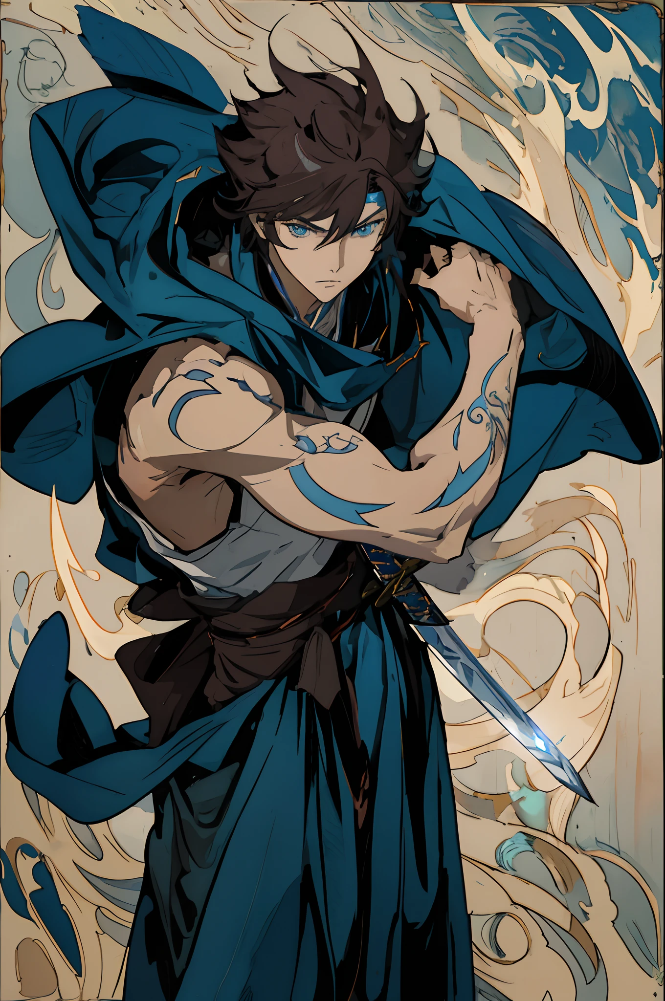 anime character with sword and blue cape holding a sword, tall anime guy with blue eyes, anime in fantasy style,