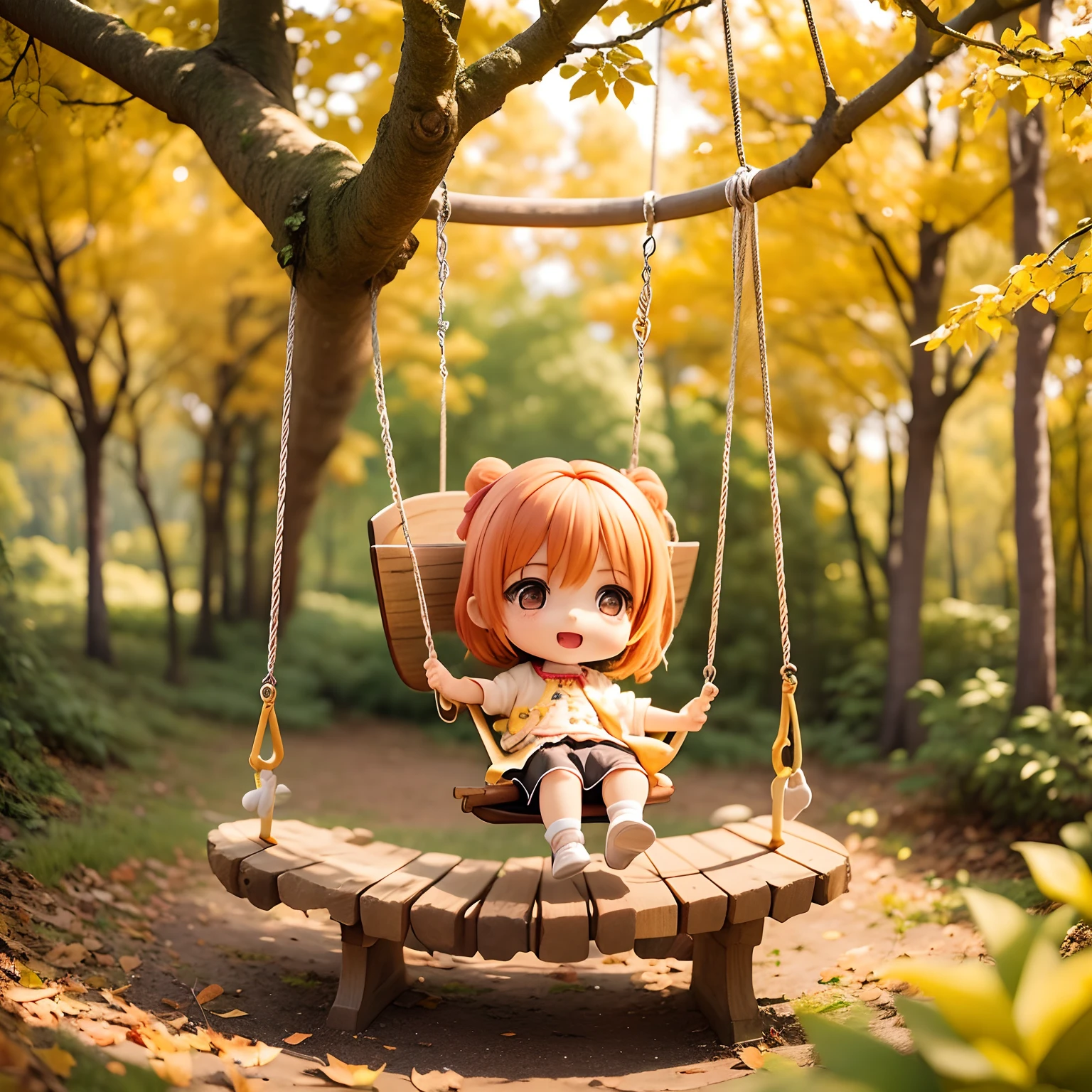 tmasterpiece、top-quality、(Chibi Chara:1.3)、Swing for sitting on a children's swing、(swing:1.1)Open your mouth and smile、vibrancy、autumn forest、Send to the sky、