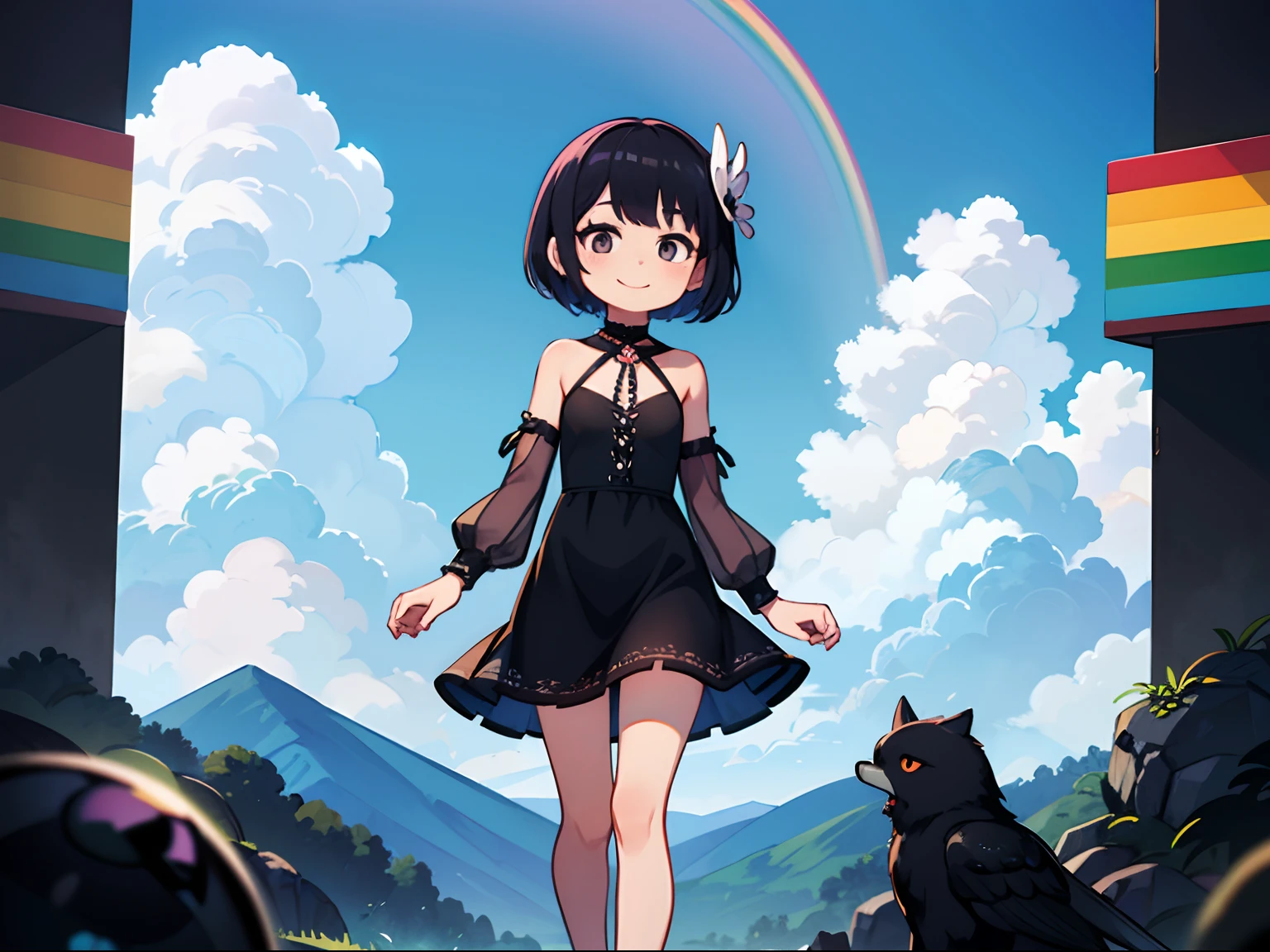 ​masterpiece、top-quality、ultra-detailliert、(Devil's Daughter:1.2)、(Chibi Chara:1.1)、wraith、Dark Ash Princess Hair、get angry、Hill in the forest、Jumping、Aurora、optic、