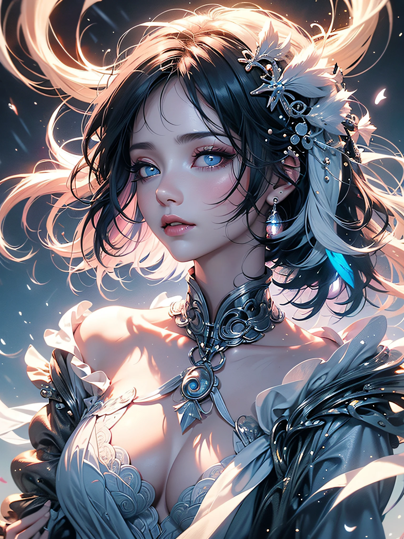 Two women in profile representing Yin Yang, One with long black hair in movement, the Other woman with white hair in movement, both have frosted light blue eyes, full pink lips, small round breasts, perfect body, full body, translucent clothes, scenery mistico, {extremely detailed 8k CG unit wallpaper}, expansive landscape photography, (a low view focusing on the character and setting), (wide open field view), (low angle shot), ( high light: 1.8), (low light: 1.2), (warm light source: 1.5), complex details, (iridescent colors: 1.6), (bright lighting), (atmospheric lighting), dreamy, magical