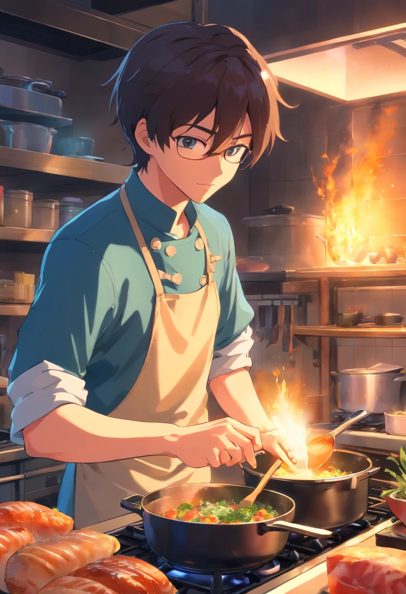 Man cooking, high-level image quality, 4K, vivid, detaileds