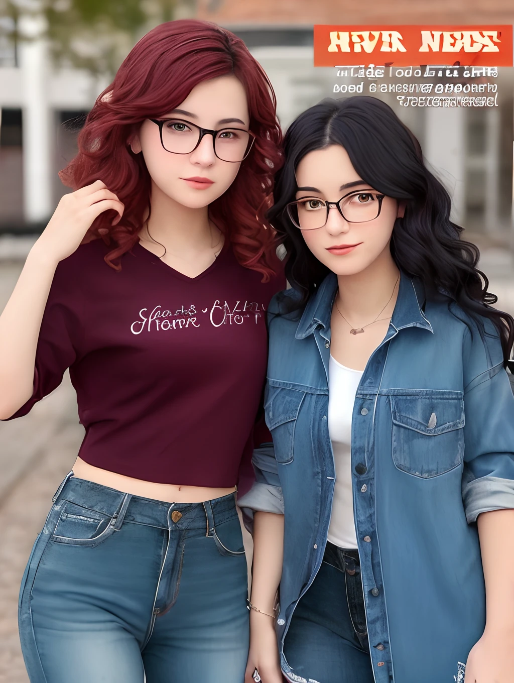 comic style of a lesbian couple in love, the first girl is Autumn and she is 15 years old with long curly dark hair and dark skin with a dark academia outfit, the second girl is Nora and she is 15 years old with medium length dyed cherry red hair and green eyes and glasses with a cool flannel outfit