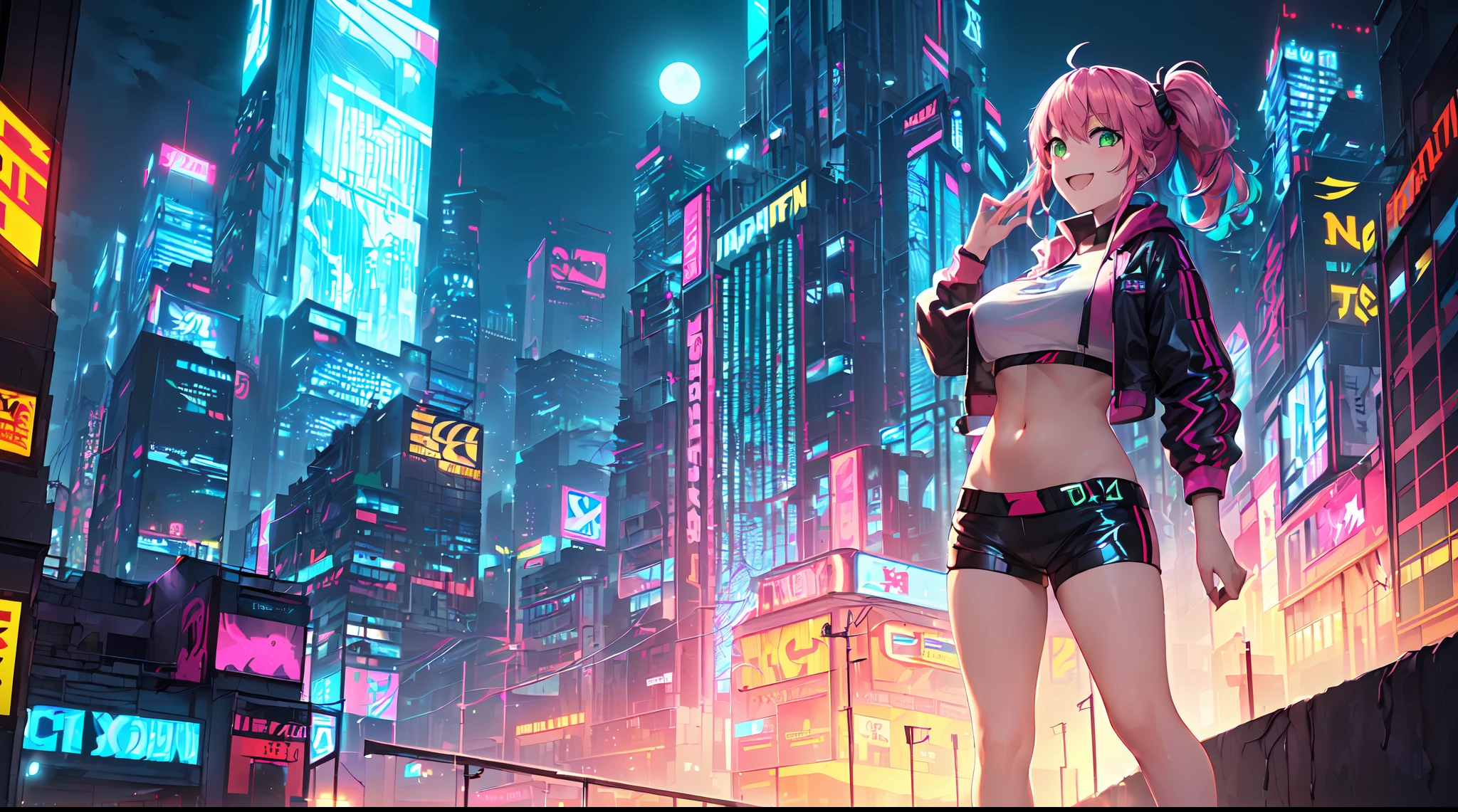 masterpiece, 1girl ((20year old, dressed in cyberpunk street attire, crop top exposes navel, sneakers, medium breasts, multicolor pink hair, twin ponytails, perfect model body, green eyes:1.4, flirting, happy, big smile, looking up, standing in a futuristic city street:1.1 tall sci-fi buildings in background:1.1, moonlight:1.2, neon and energetic atmosphere:1.2)) ((nighttime)) ((solo:1.6)) ((wide camera angle, top view))