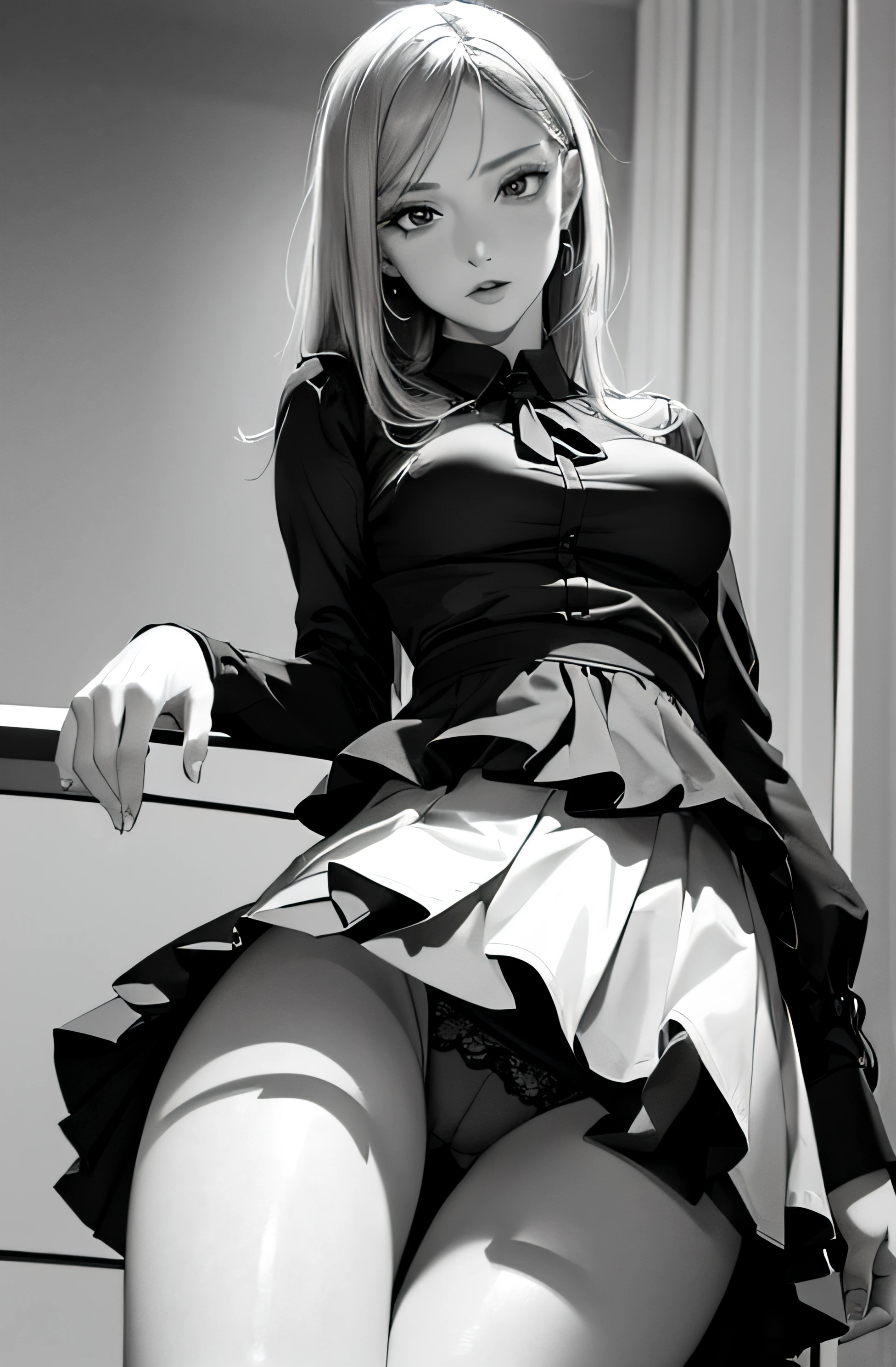 a sexy girl in blouse and skirt, showing underwear, sitting or standing, long stockings, (((upskirt))), camel toe, sexy underwear, medium breasts, (very detailed), ((face perfectly detailed), ((face perfectly detailed)), (hand), (hand hand), (detailed hand).