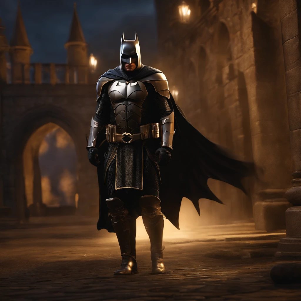 master part, best quality, disco Rigido, hiper detalhado, epic scenery, Batman vestindo armadura medieval, cavalo, Knight Templar Suit, at night, epic atmosphere, nevoeiro leve sobre a cidade, perfect lighting, 3D-rendering, Motor irreal, trending on ArtStation