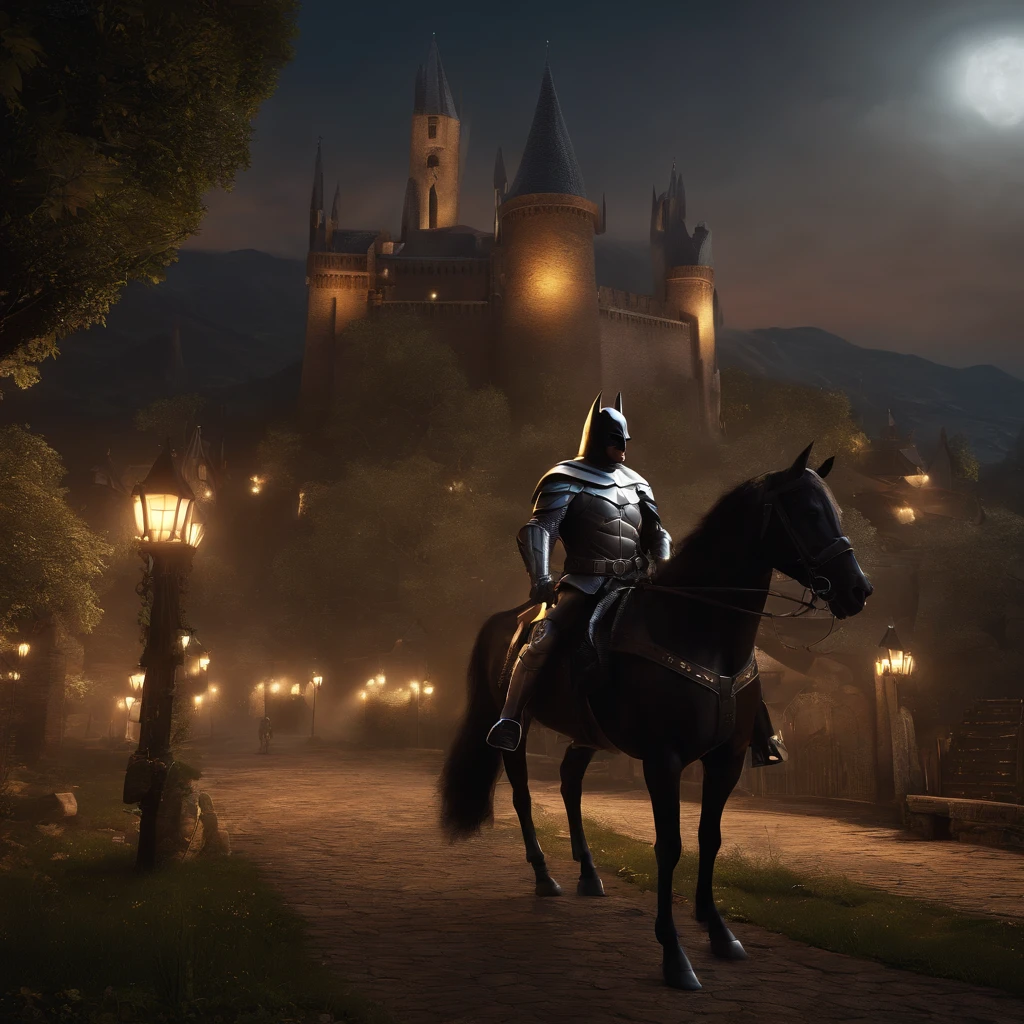 master part, best quality, disco Rigido, hiper detalhado, epic scenery, Batman vestindo armadura medieval, cavalo, Knight Templar Suit, at night, epic atmosphere, nevoeiro leve sobre a cidade, perfect lighting, 3D-rendering, Motor irreal, trending on ArtStation
