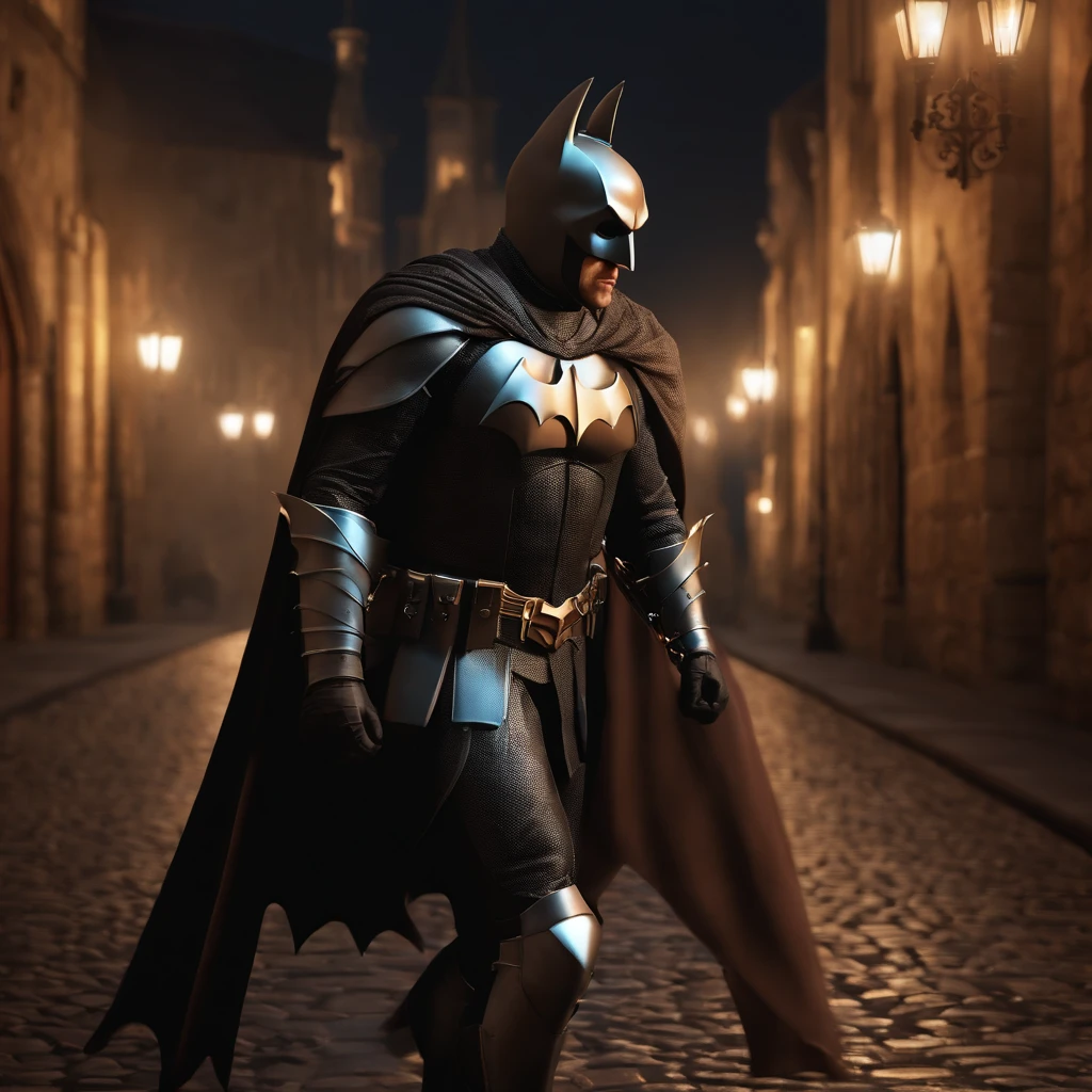 master part, best quality, disco Rigido, hiper detalhado, epic scenery, Batman vestindo armadura medieval, cavalo, Knight Templar Suit, at night, epic atmosphere, nevoeiro leve sobre a cidade, perfect lighting, 3D-rendering, Motor irreal, trending on ArtStation