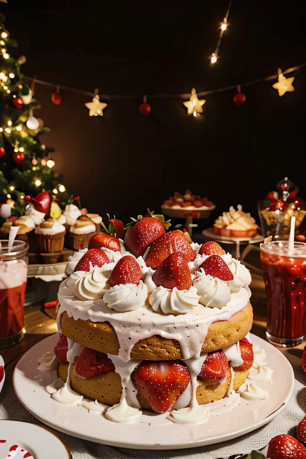 People are getting together and having a fun party. Strawberry cake on a well-lit background,I want to eat it all together for Christmas