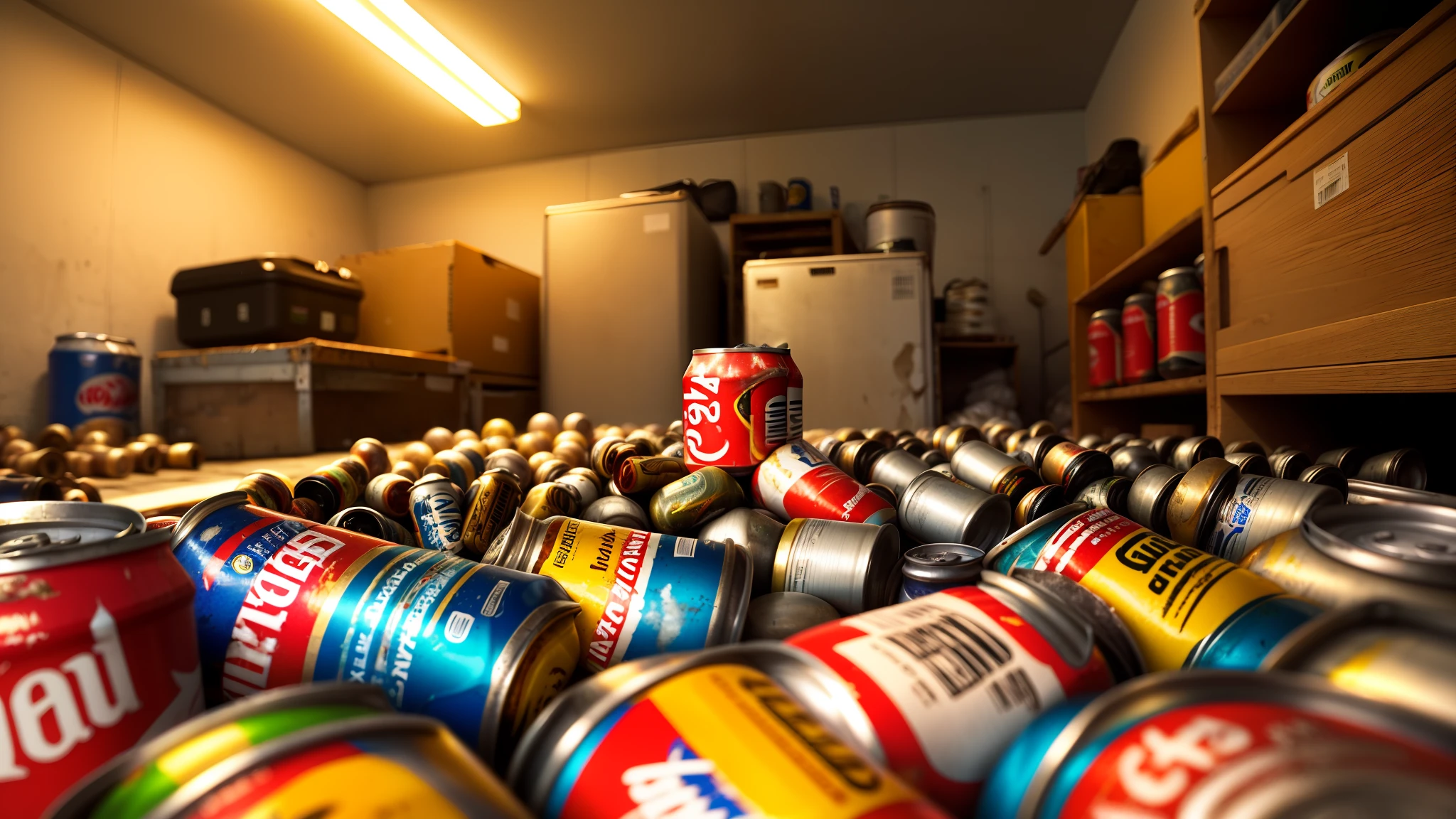 Cans are scattered in a place like the back room