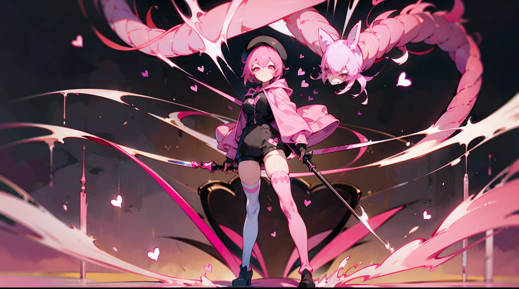 undertale，chara，solo person，shadowing，The expression is fierce，Grinning，Pink eyes like snake eyes，Pink hoodie，With berets，Brown extra short hot pants，It's a murderer with a dagger，Striped stockings，Full body standing painting，pink short hair，Pink hearts，the detail，k hd，illustration，CG，anime big breast，quadratic element（Optimal image quality，tmasterpiece，sexual appetite）