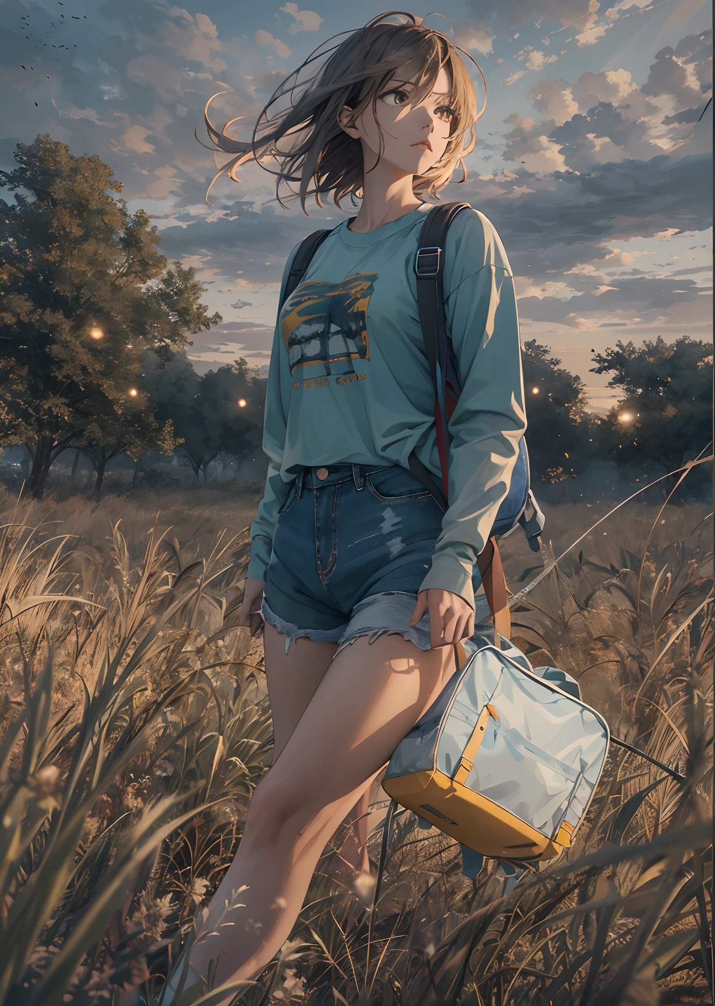 The vast sky, beautiful skyline, large grasslands, extremely tense and dramatic pictures, moving visual effects, high hanging Polaris, colorful natural glare. A girl in a long-sleeved top and denim shorts with a side backpack
