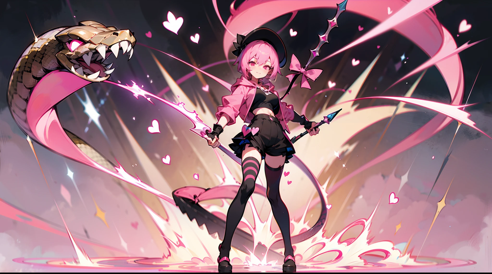 undertale，chara，solo person，shadowing，The expression is fierce，Grinning，Pink eyes like snake eyes，Pink hoodie，With berets，Brown extra short hot pants，It's a murderer with a dagger，Striped stockings，Full body standing painting，pink short hair，Pink hearts，the detail，k hd，illustration，CG，anime big breast，quadratic element（Optimal image quality，tmasterpiece，sexual appetite）