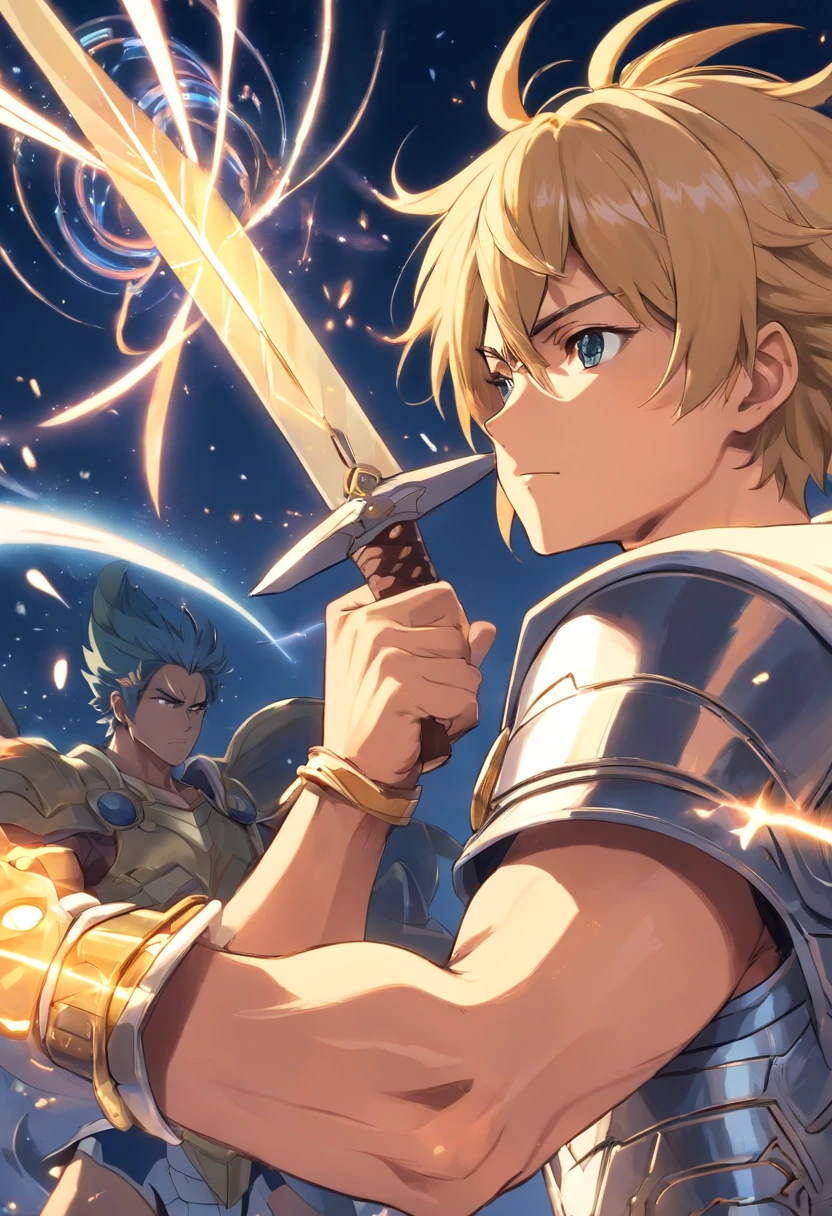 "The scene depicts Scanor, um personagem musculoso e loiro de Nanatsu no Taizai, wearing his silver armor of the Knights of the Zodiac. Seu bigode marcante adiciona um toque de personalidade ao seu rosto determinado. Segurando seu machado com firmeza, Scanor displays his strength and combat skill. O desenho, Made in sleeve style with pencil strokes, captures every detail of Scanor's well-defined muscles, destacando sua robustez e poder. A armadura de prata brilha intensamente ao redor dele, with intricate details and symbols of the zodiac signs, Enhancing His Position as a Fearless Warrior. The backdrop in the background adds a touch of action, while pencil strokes give texture and movement to the drawing. High-definition quality allows you to appreciate every detail, from Scanor's strands of blonde hair to the tense muscles of his body.”