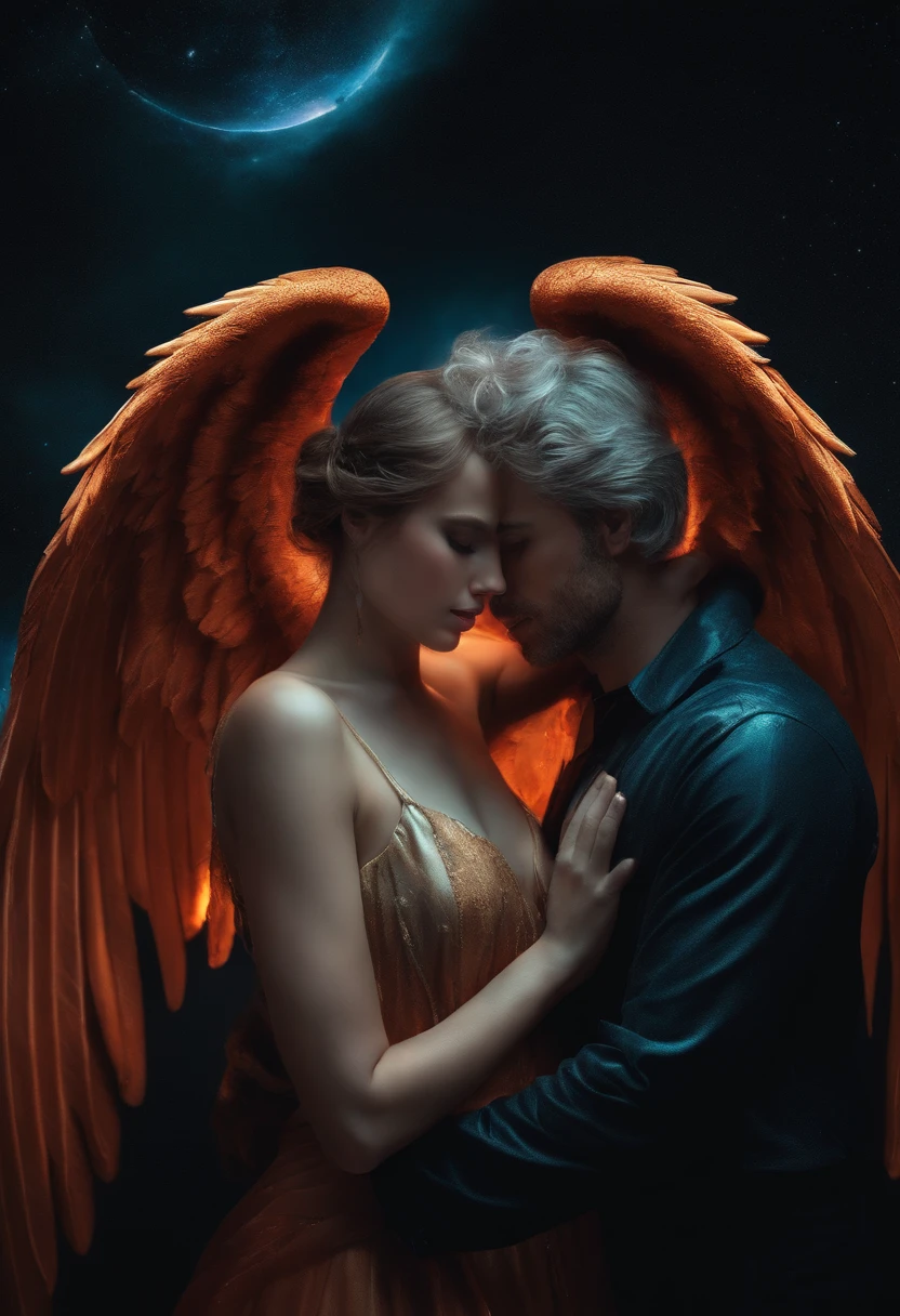 A romantic embrace between an angel and a diabolical couple Illuminated by distant nebulae.
