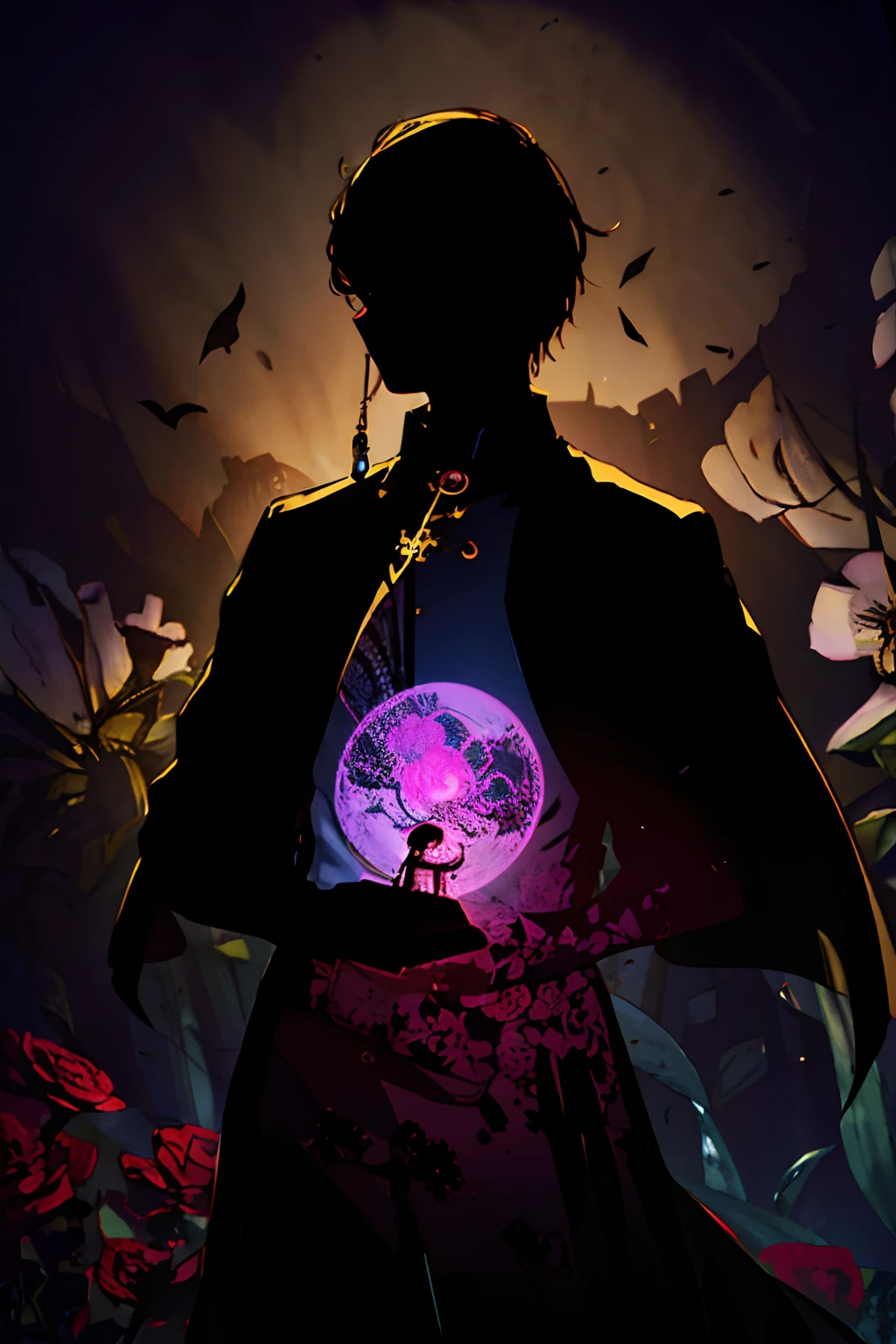 (best quality, high resolution, ultra-detailed, realistic: 1.37), silhouette of a man holding a striking pocket watch, surrounded by flowers, snakes and darkness, illustrative rendering, intricate details, mysterious atmosphere, vibrant colors, dynamic lighting , Gothic style