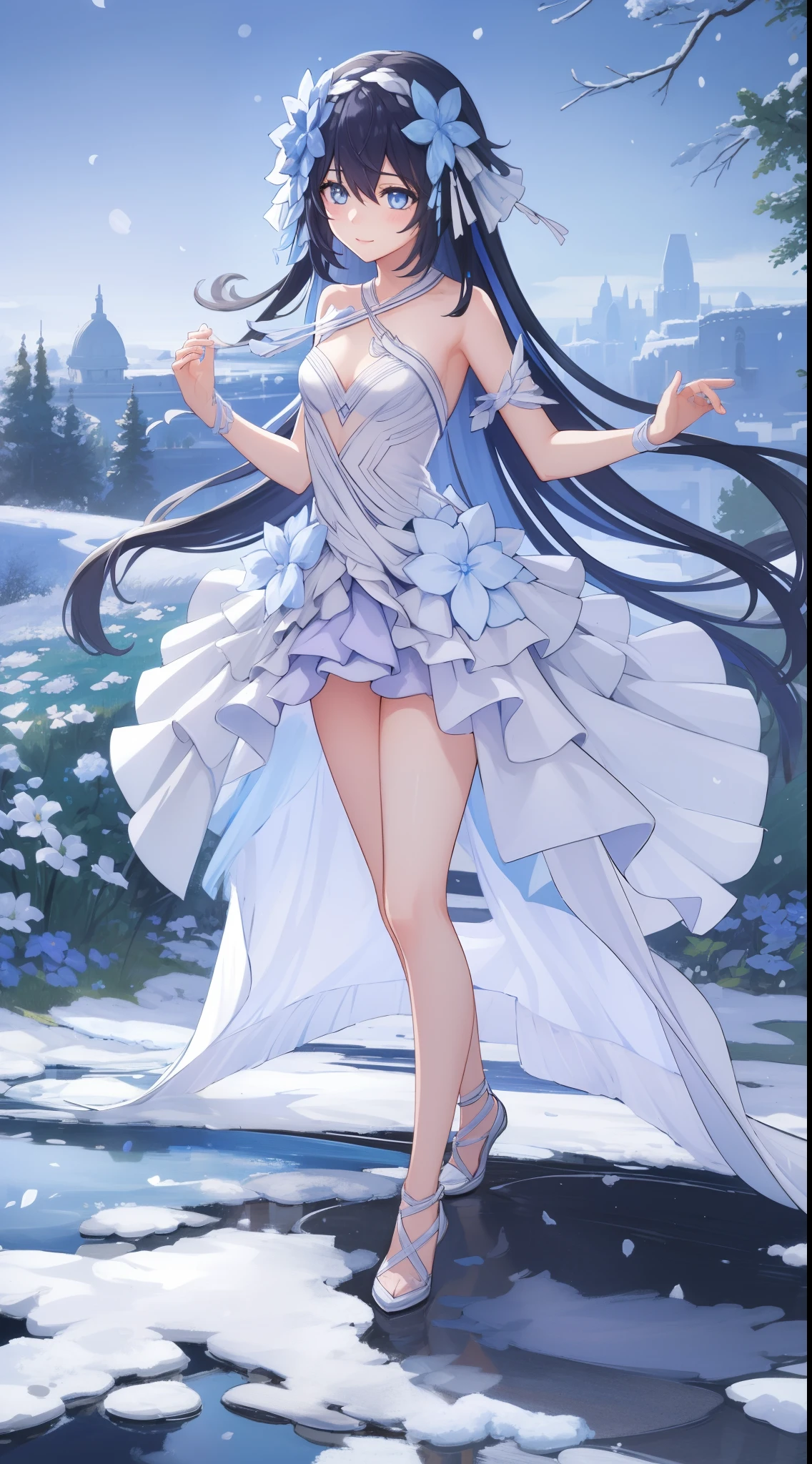 2D, HD, Detailed details, Detailed landscapes, beautiful lights, Beautiful Shadows, top-quality, Highly detailed, masterpiece, best quality, ((solo)), 1girl, horb, blue eyes, dress, long hair, looking at the viewer, anime-styled, (small breasts), smlie, flower, snow background, full body, standing