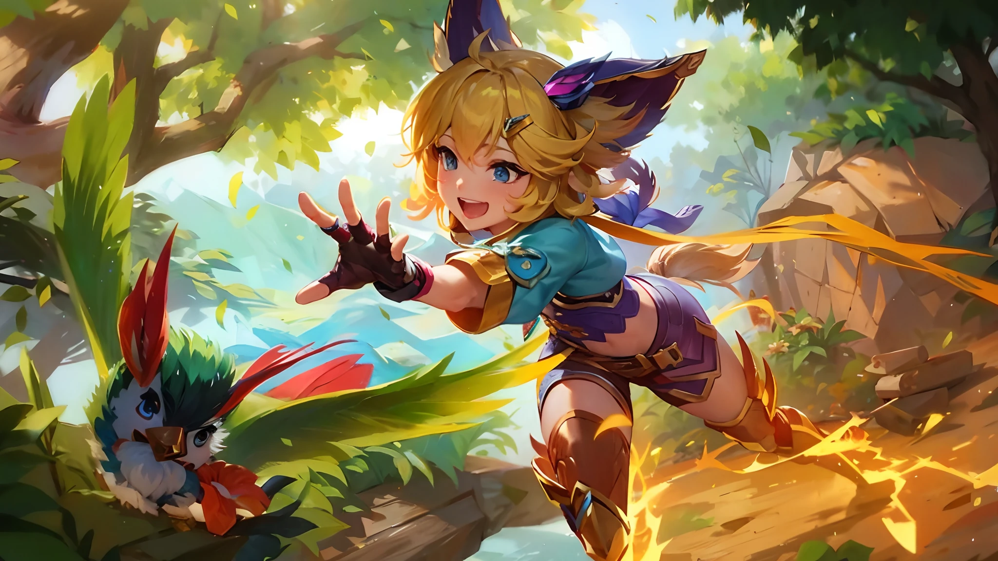 arvore estilo rayman legends, character estilo art rayman legends, girl and boy, corpo inteiro, ESTILO VIKING, acessórios gigantes,giant monster, big breats,Little bunny, (shorts),big breast, ((asymmetric t-shirt)), Monsters around