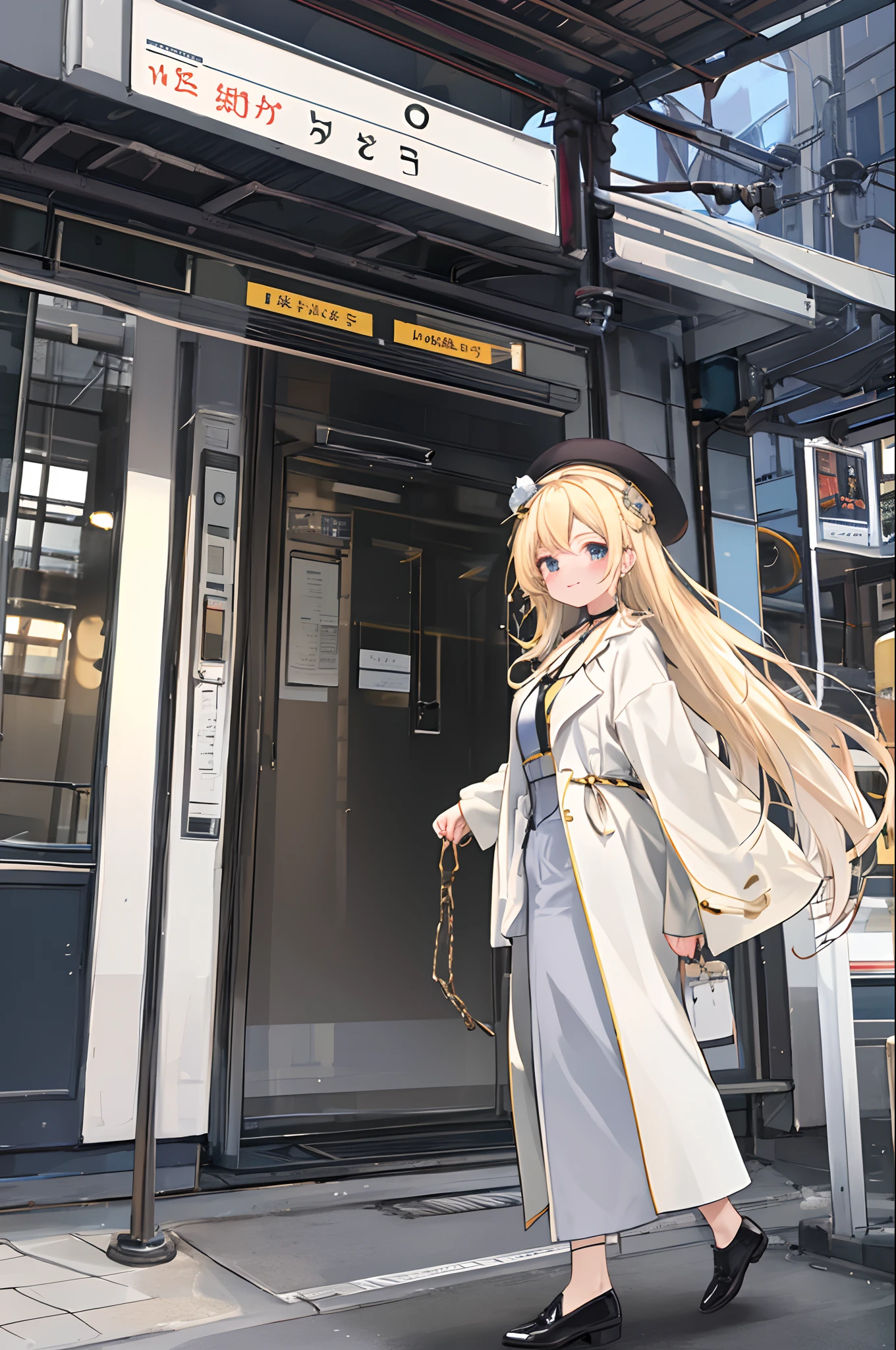 Chains，耳Nipple Ring，choker necklace，forehead，middle parted hairstyle，femele，Train station，Steam trains，a beauty girl，Long light blonde hair，green pupills，Business suit，white business suit，in suit，White color blouse，wind coat，cowboy hat，Flower arrangement on hat，The streets of London，Black leather shoes，tiese，wind coat，ssmile，(huge tit)