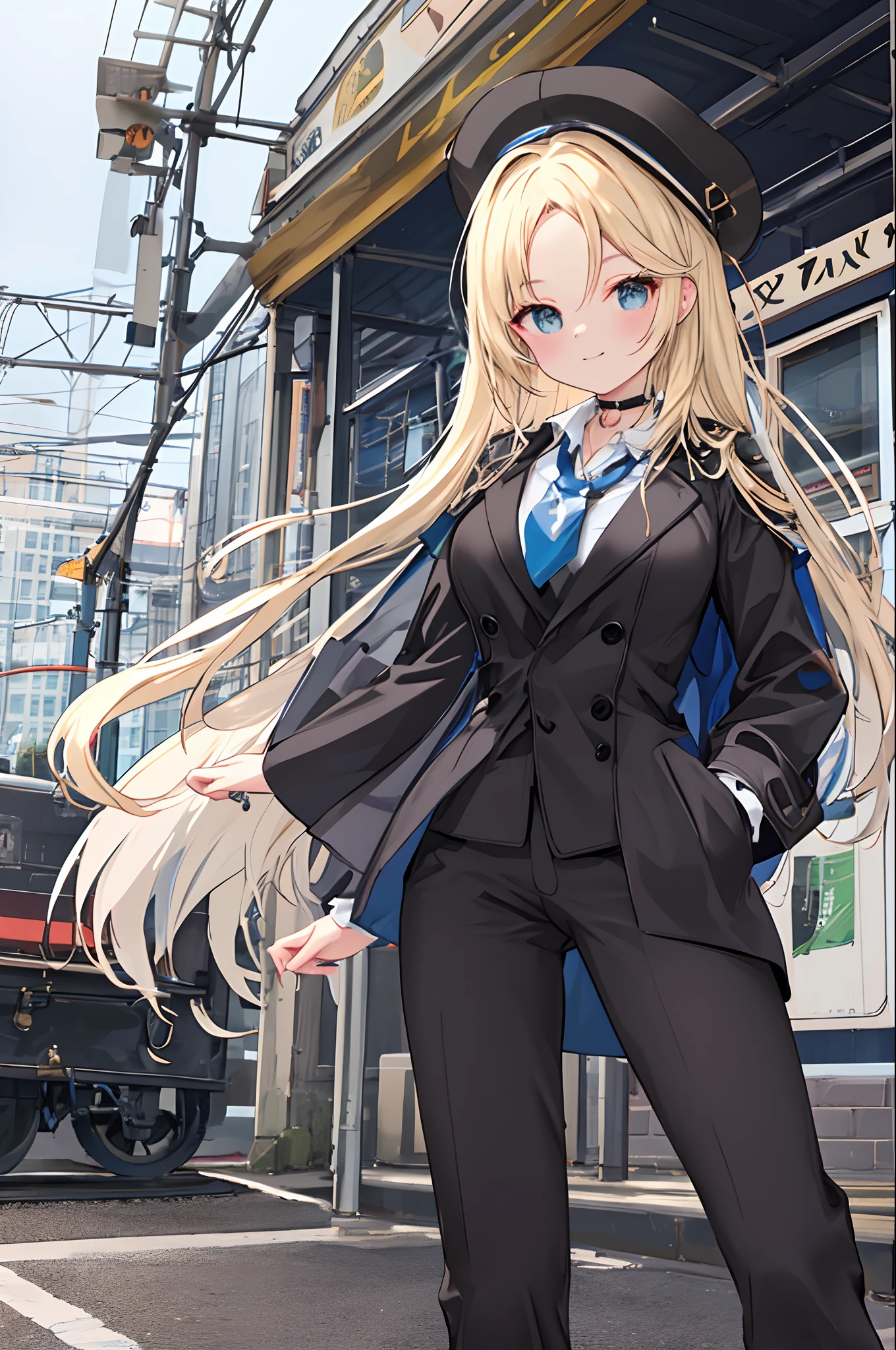 Chains，耳Nipple Ring，choker necklace，forehead，middle parted hairstyle，femele，Train station，Steam trains，a beauty girl，Long light blonde hair，green pupills，Business suit，white business suit，in suit，White color blouse，wind coat，cowboy hat，Flower arrangement on hat，The streets of London，Black leather shoes，tiese，wind coat，ssmile，(huge tit)