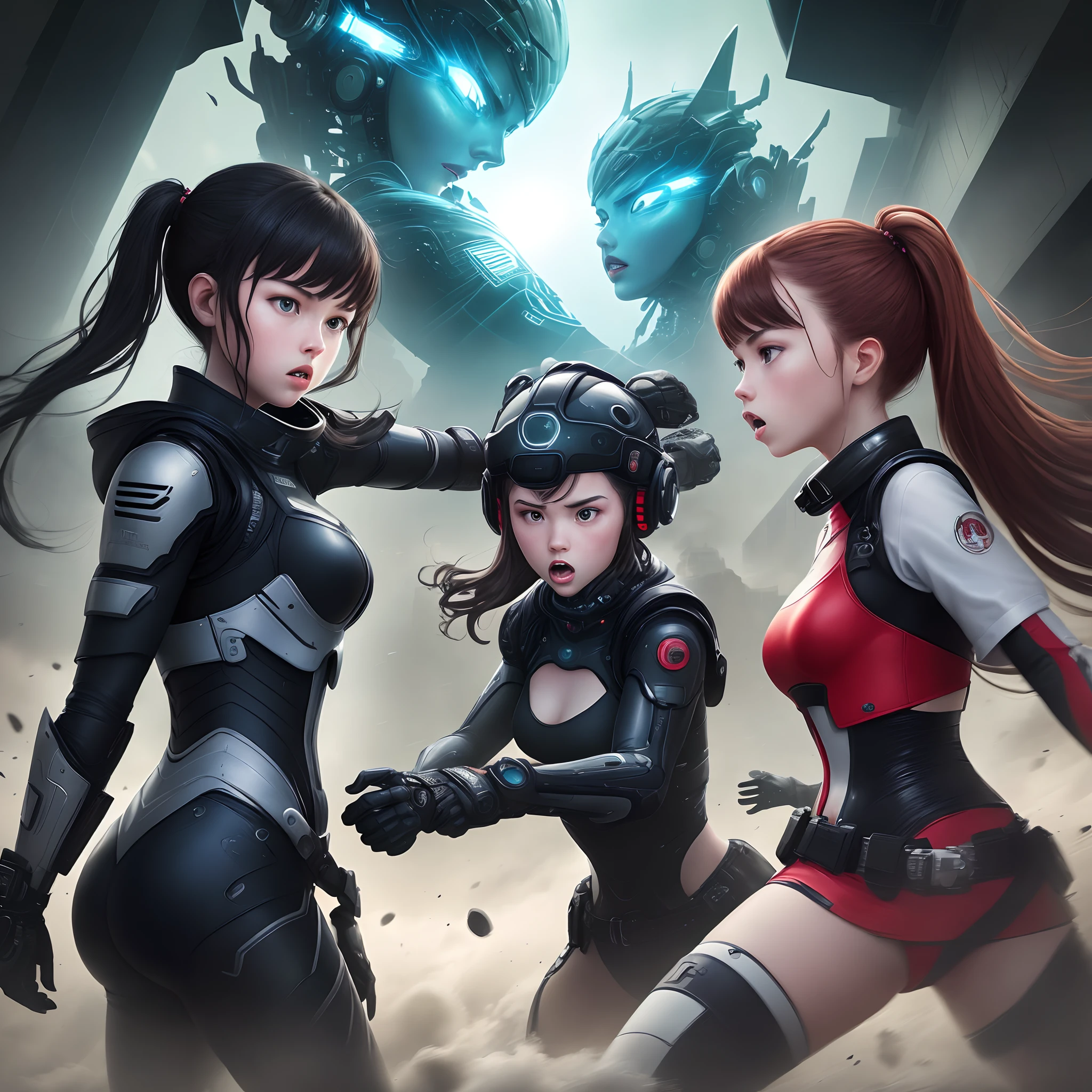 album cover with two girls battling, cyber and futuristic yet reminiscent of a biblical painting