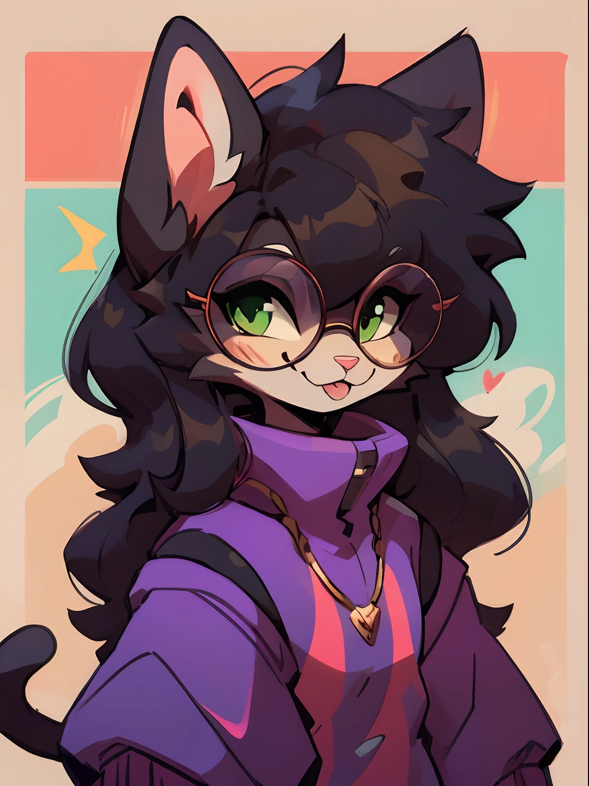 1 boy, furry, Antro, feline, domestic cat, antropomorfic cat, green eyes, blep, coffeesoda art style, e621, Fantazy adventurer, Black cat femboy, round glasses, black boddy, black hair, long hair, black fur, purple clothing.